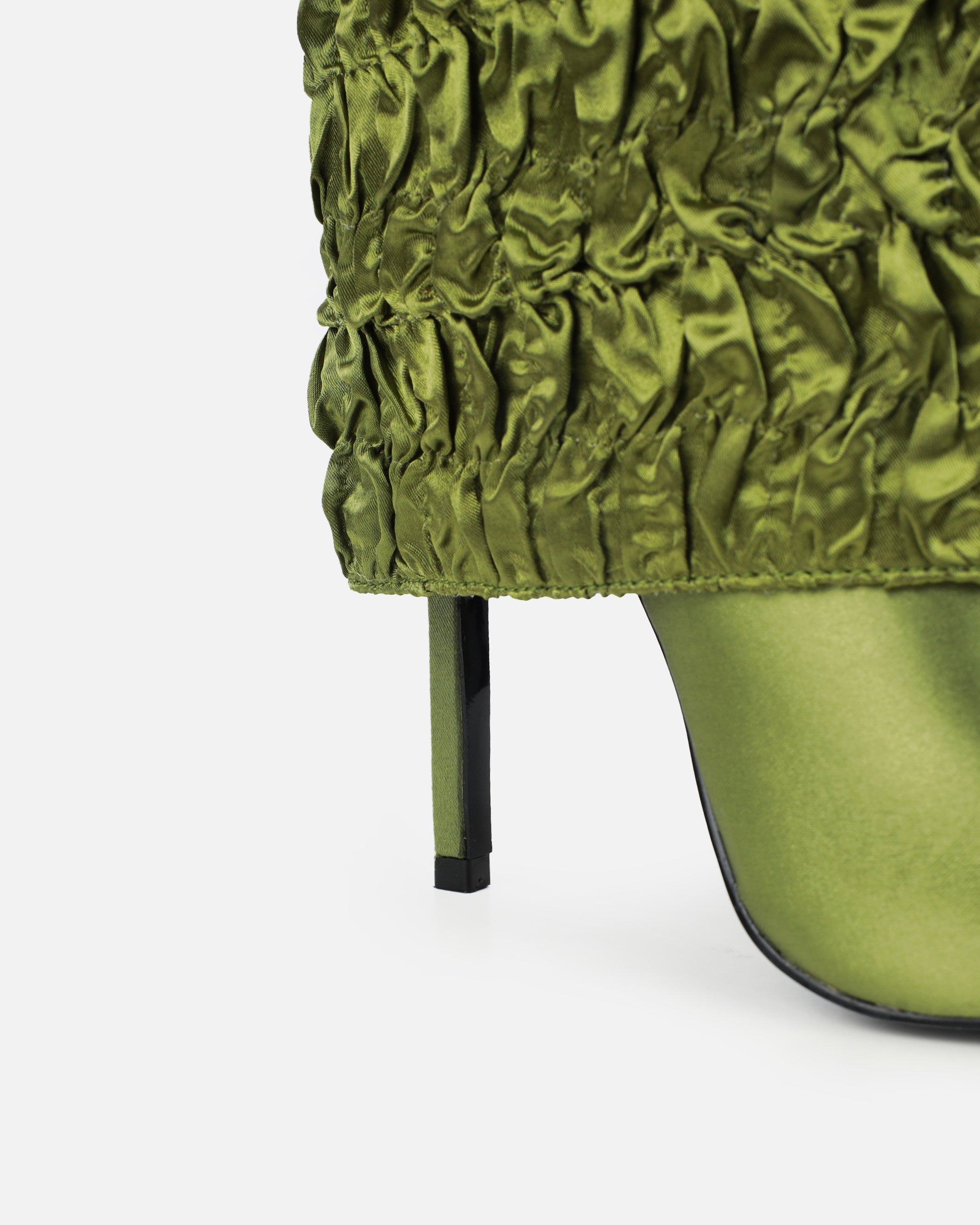 Harrie Olive Green Satin Ruched Stiletto Knee High Boots