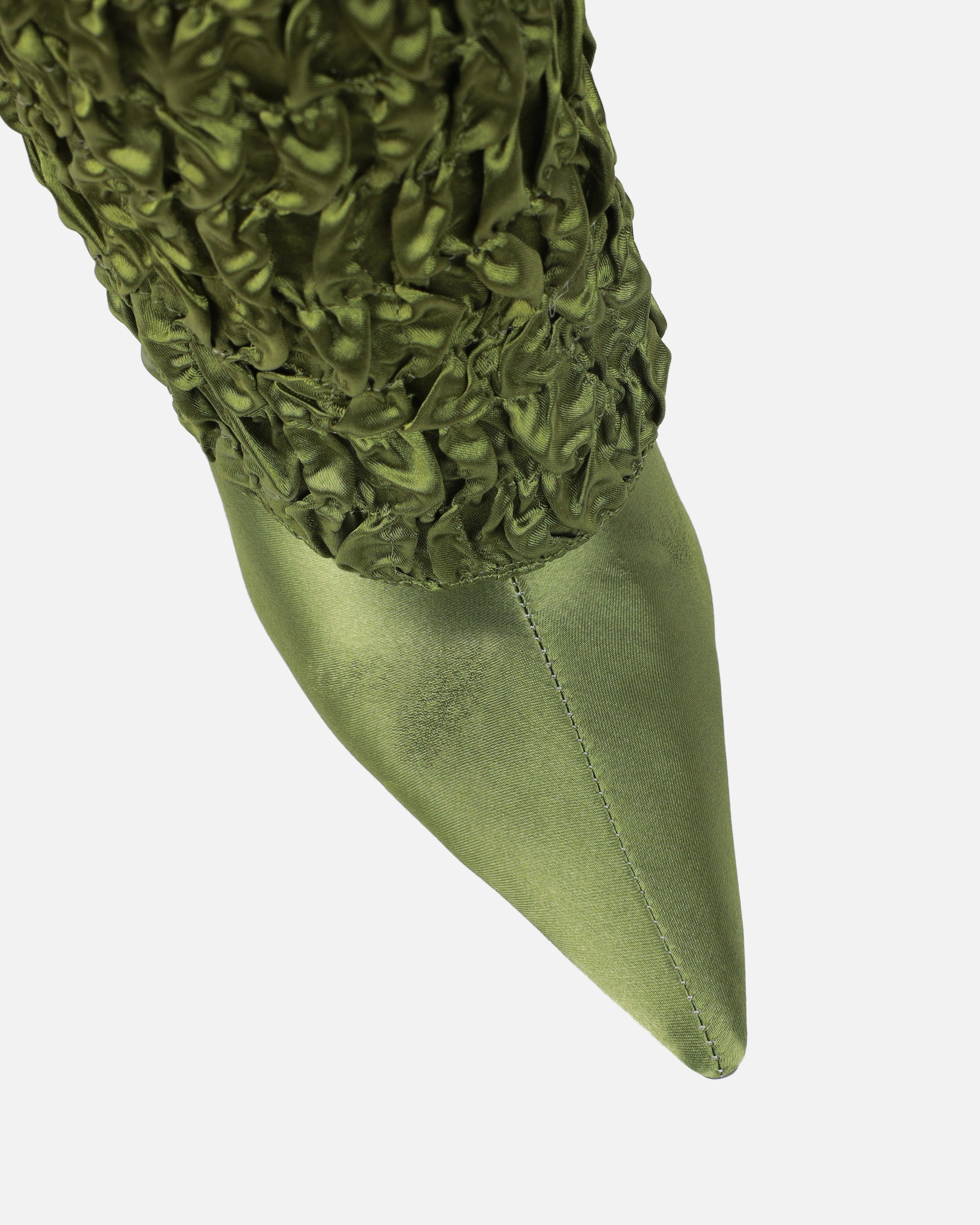 Harrie Olive Green Satin Ruched Stiletto Knee High Boots
