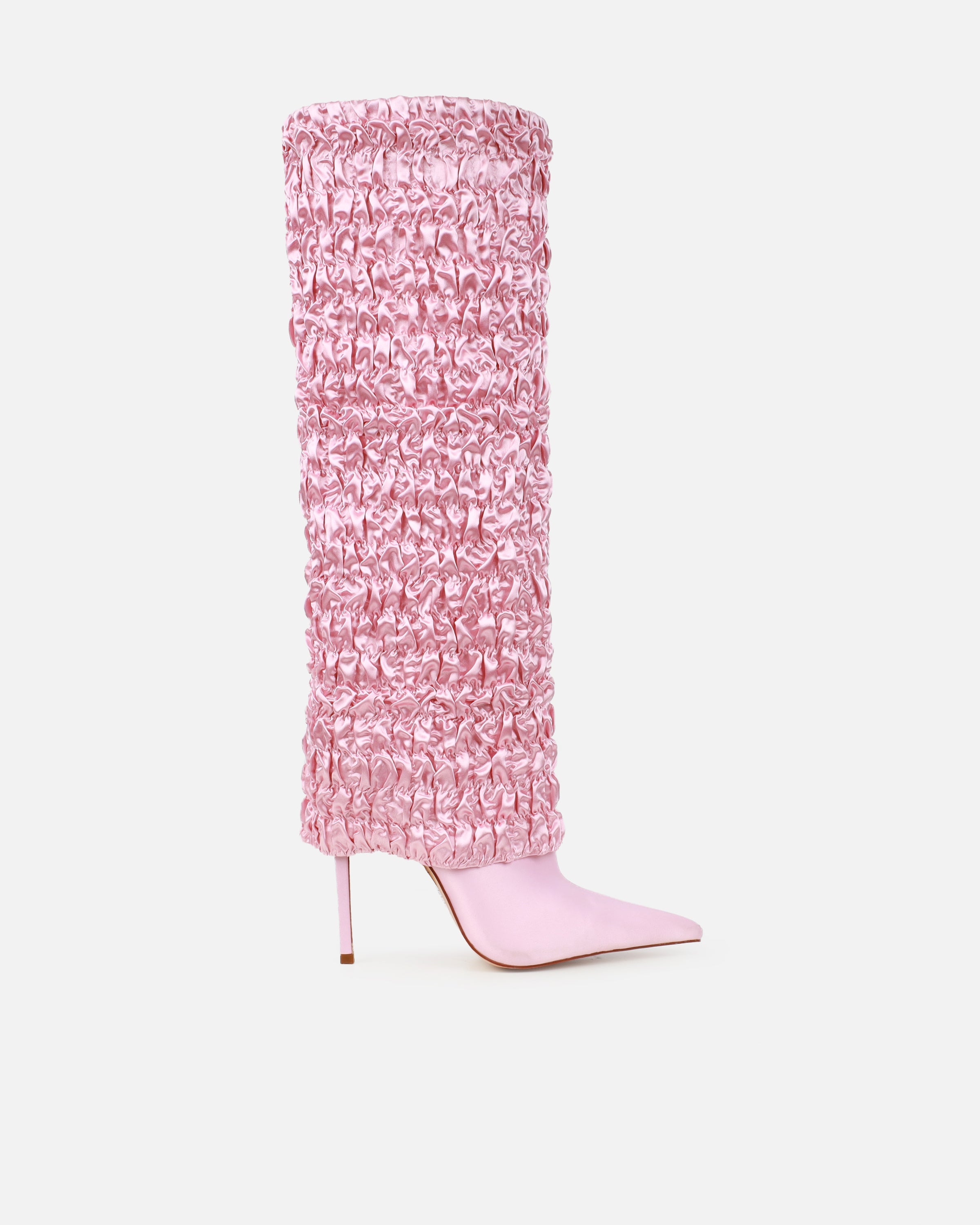 Harrie Pink Satin Ruched Stiletto Knee High Boots