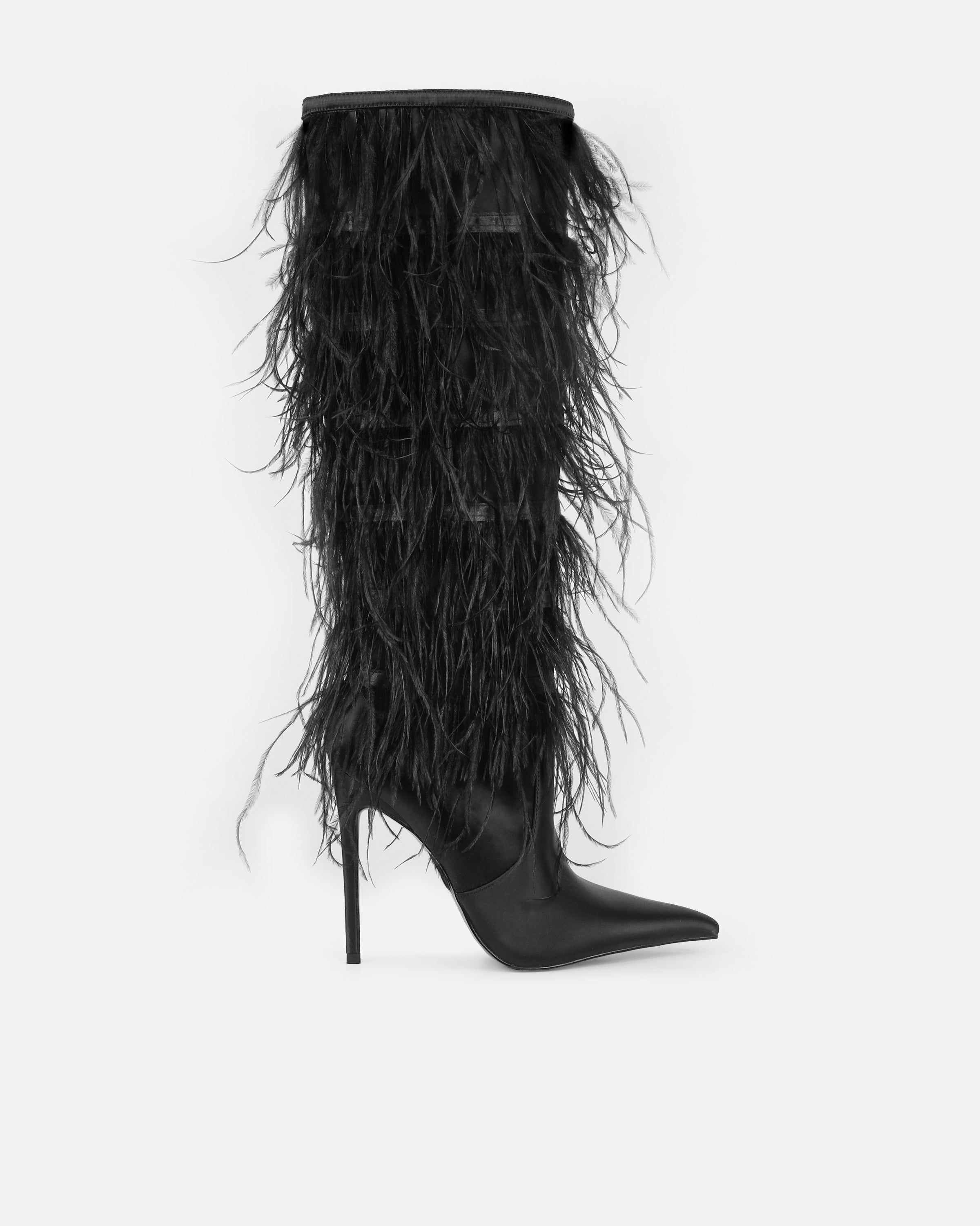 Marcos Black Satin Fluffy Stiletto Knee High Boots