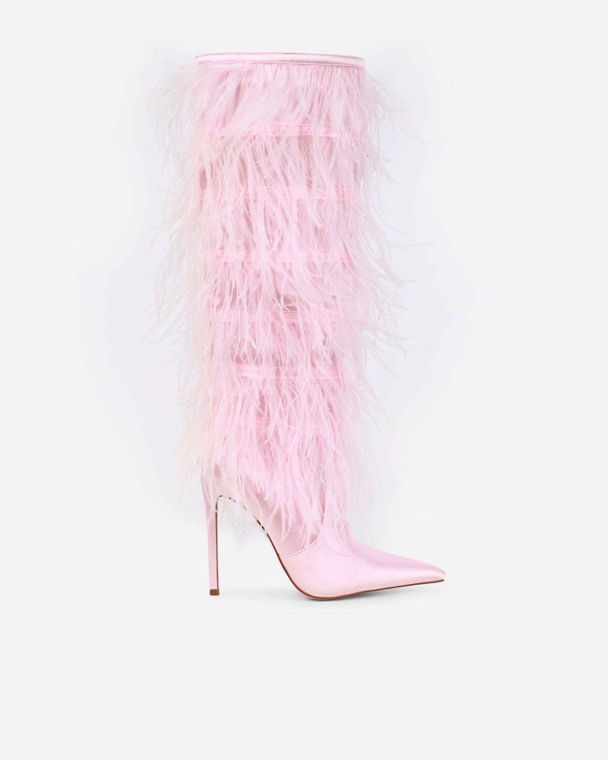 Marcos Pink Satin Fluffy Stiletto Knee High Boots