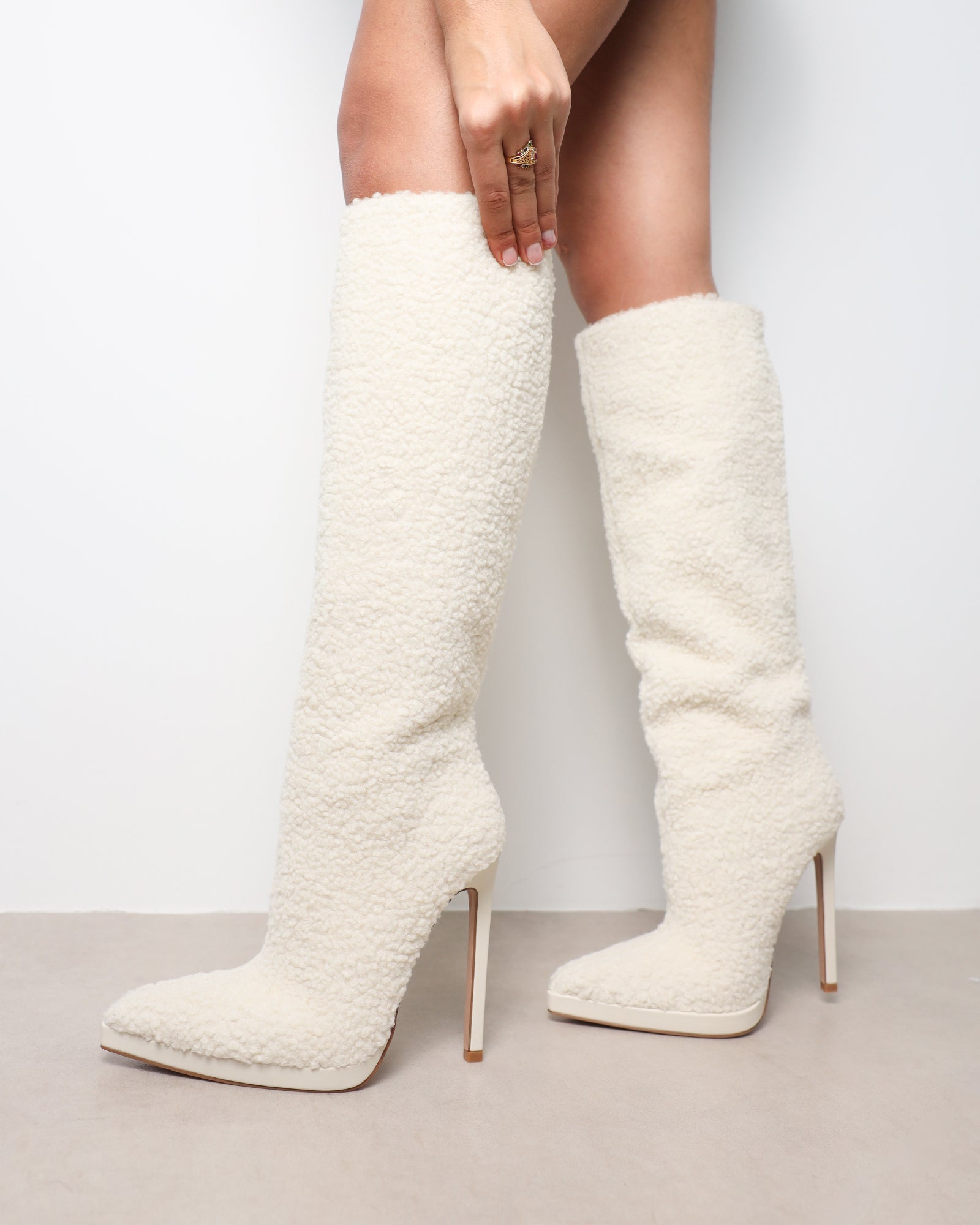 Hamilton Cream Borg Knee Boots