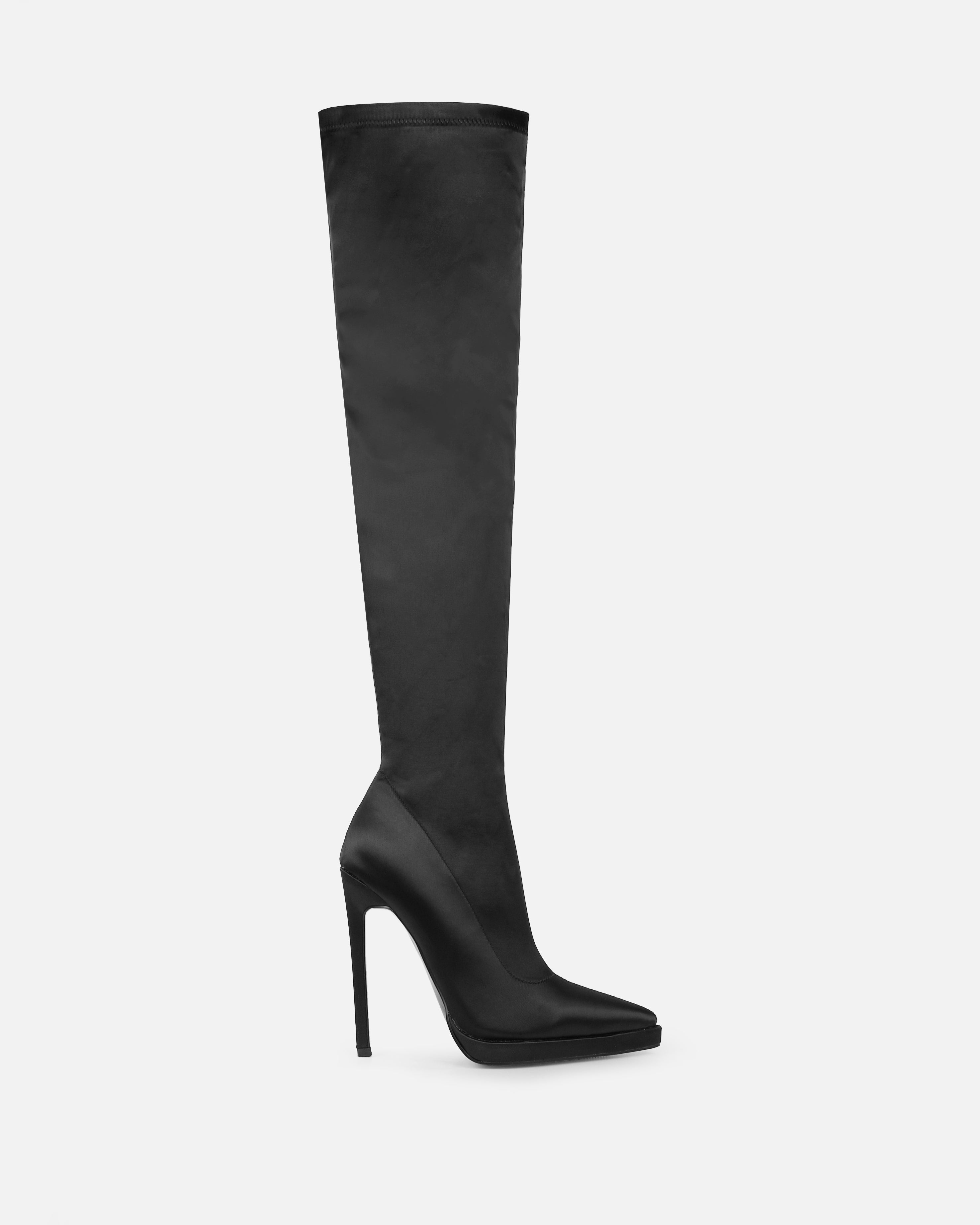 Lewie Black Stretch Satin Pointed Toe Stiletto Thigh High Boots