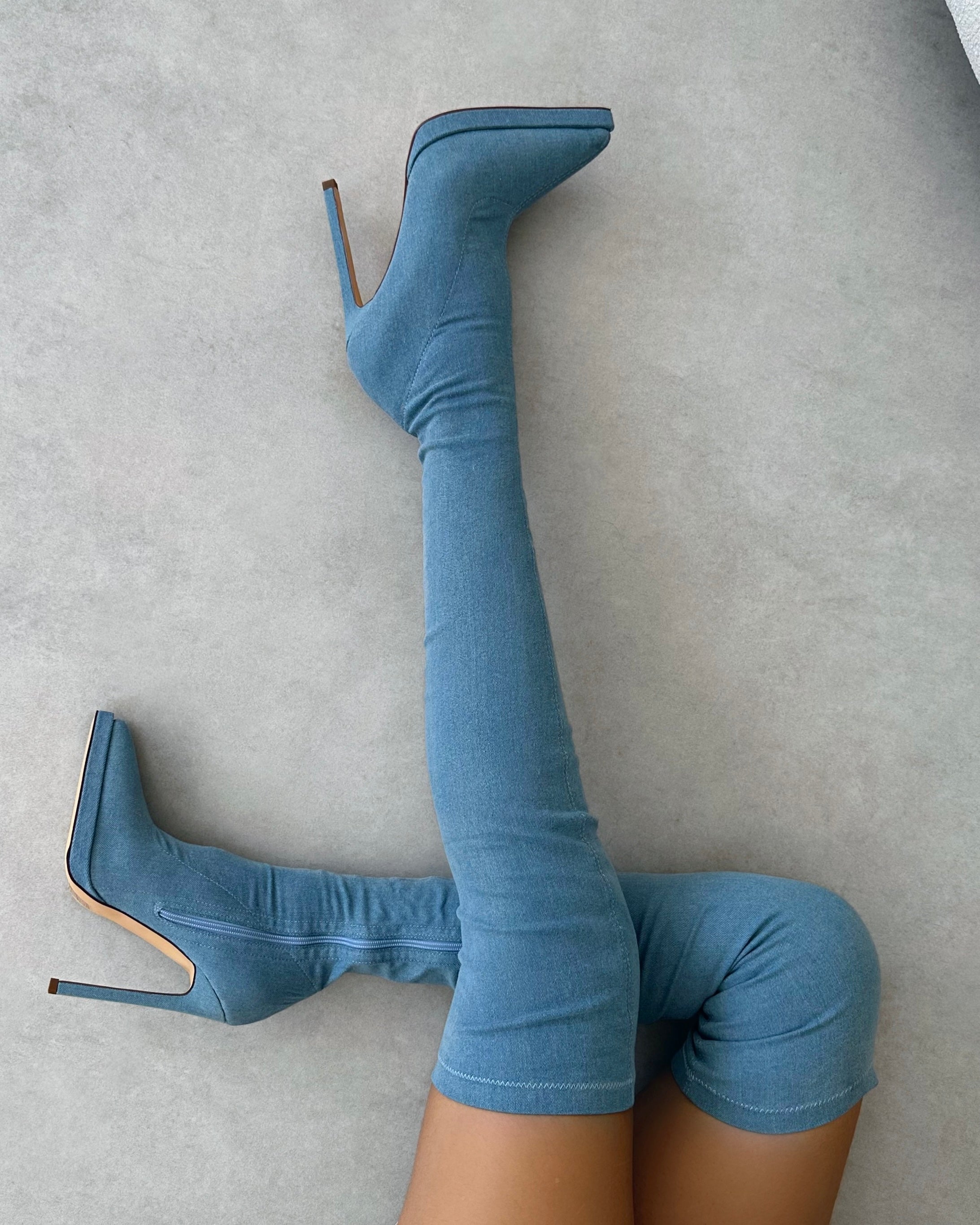 Lewie Blue Denim Stretch Pointed Toe Thigh High Stiletto Boots