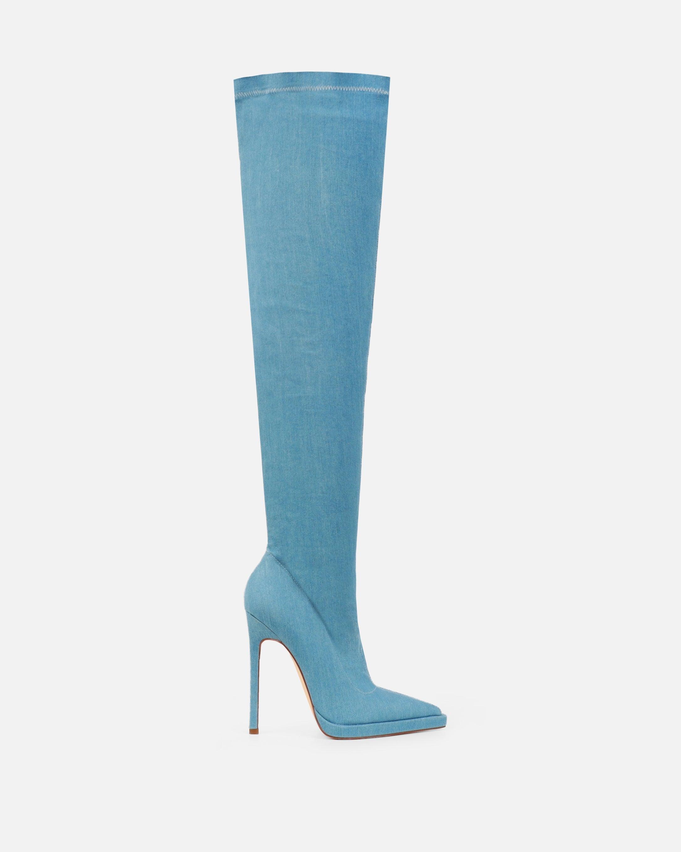 Lewie Blue Denim Stretch Pointed Toe Thigh High Stiletto Boots