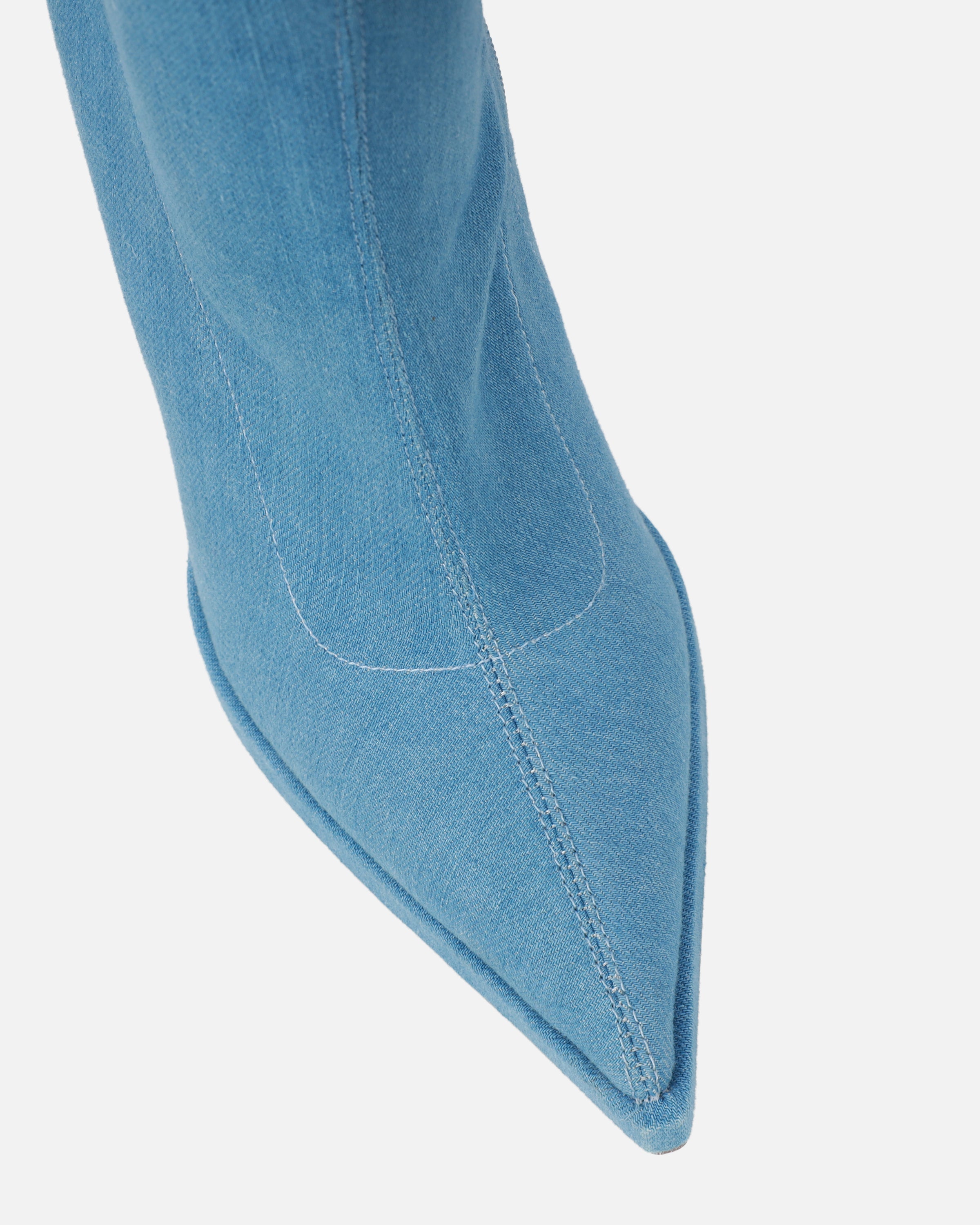 Lewie Blue Denim Stretch Pointed Toe Thigh High Stiletto Boots