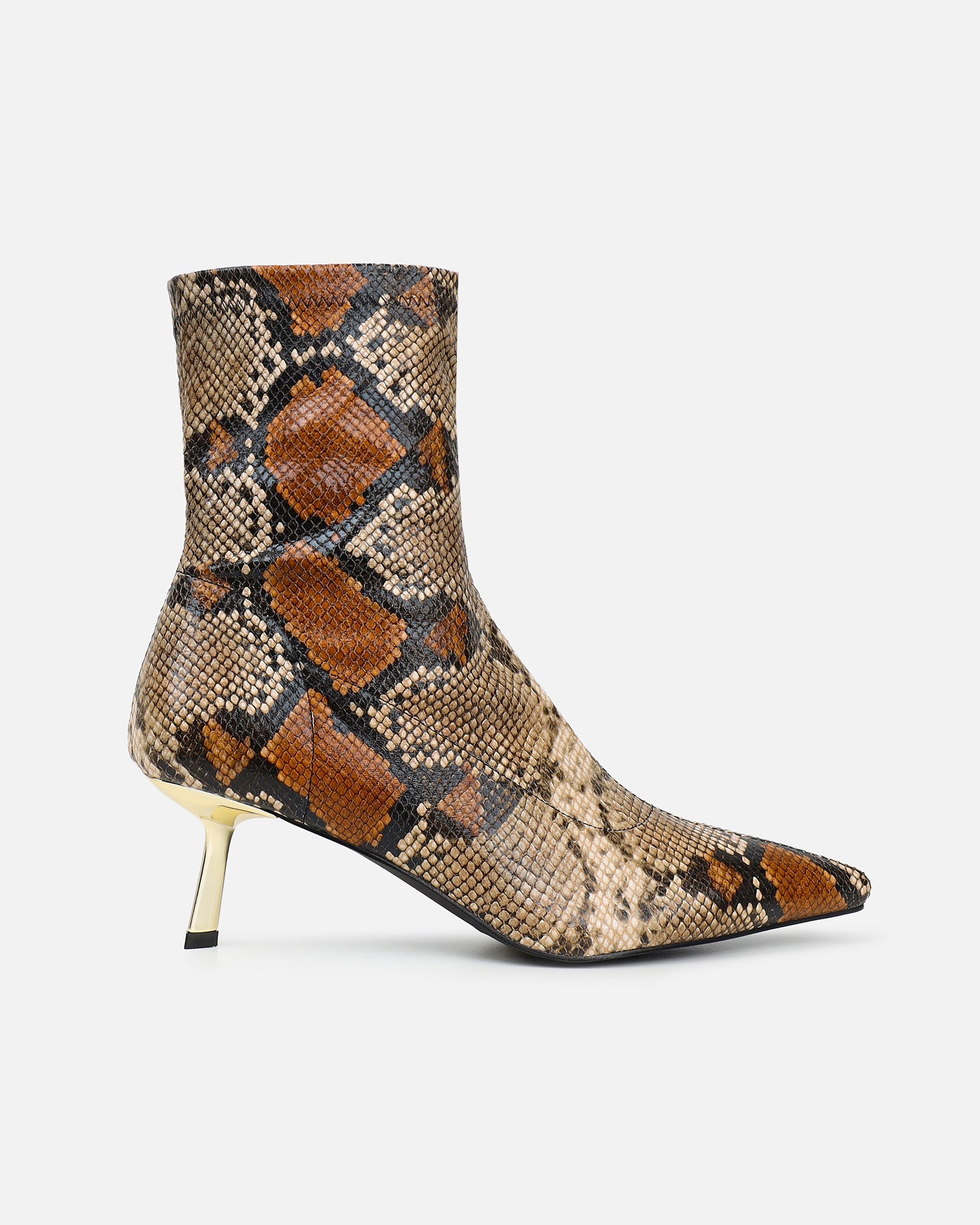 Jude Beige Snake Effect Low Heel Boots With Gold Heel