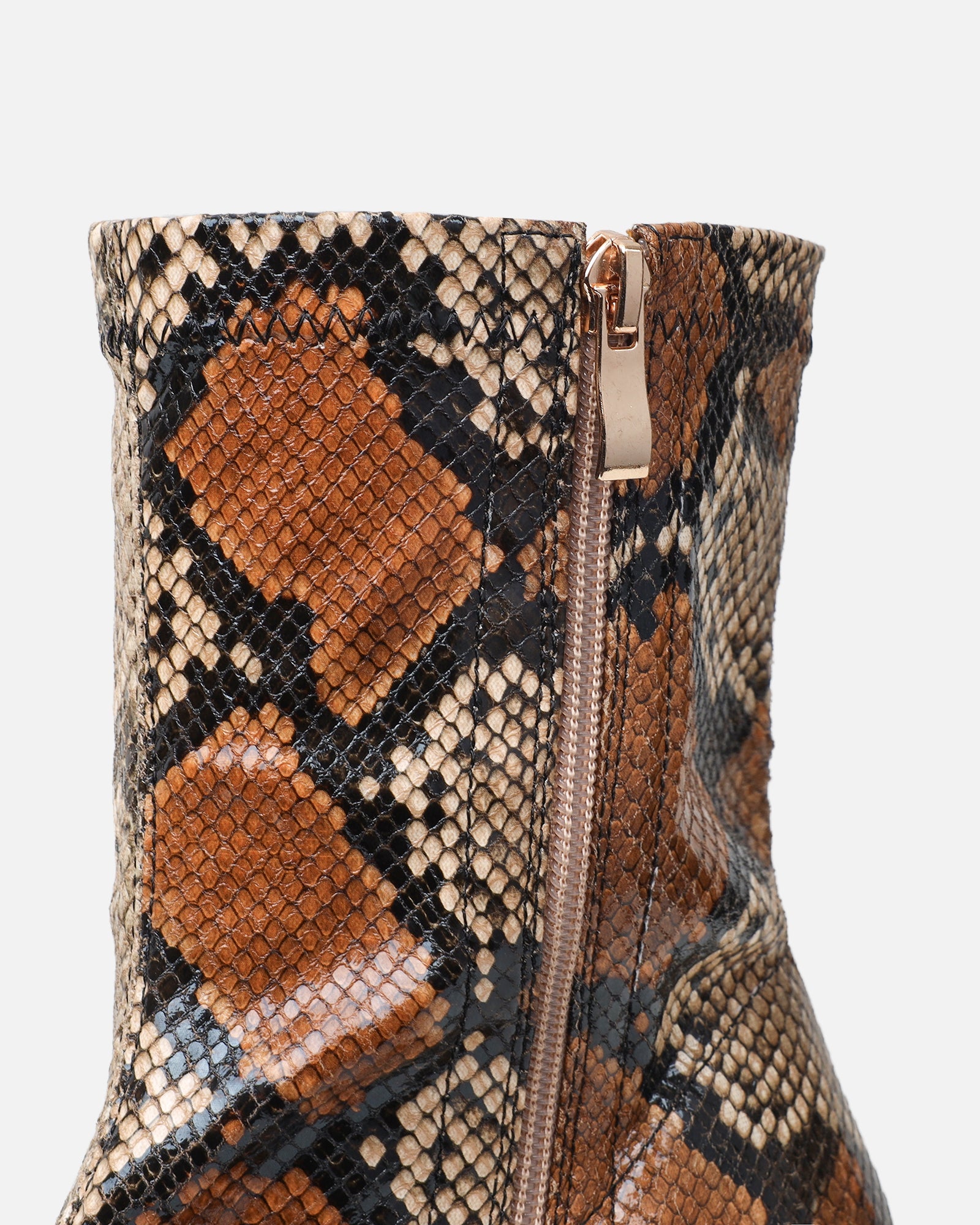 Jude Beige Snake Effect Low Heel Boots With Gold Heel