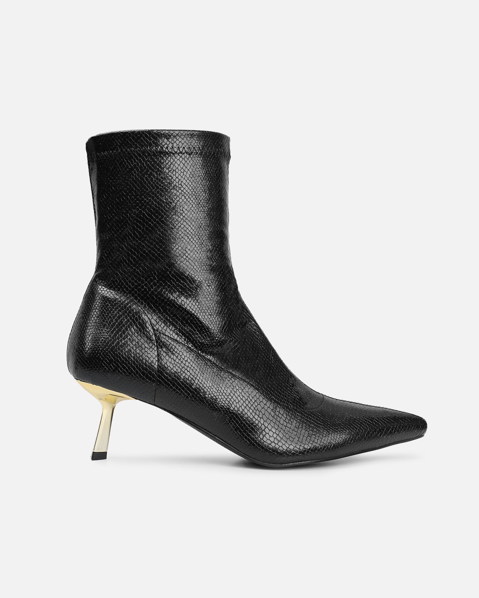 Jude Black Snake Effect Low Heel Boots With Gold Heel