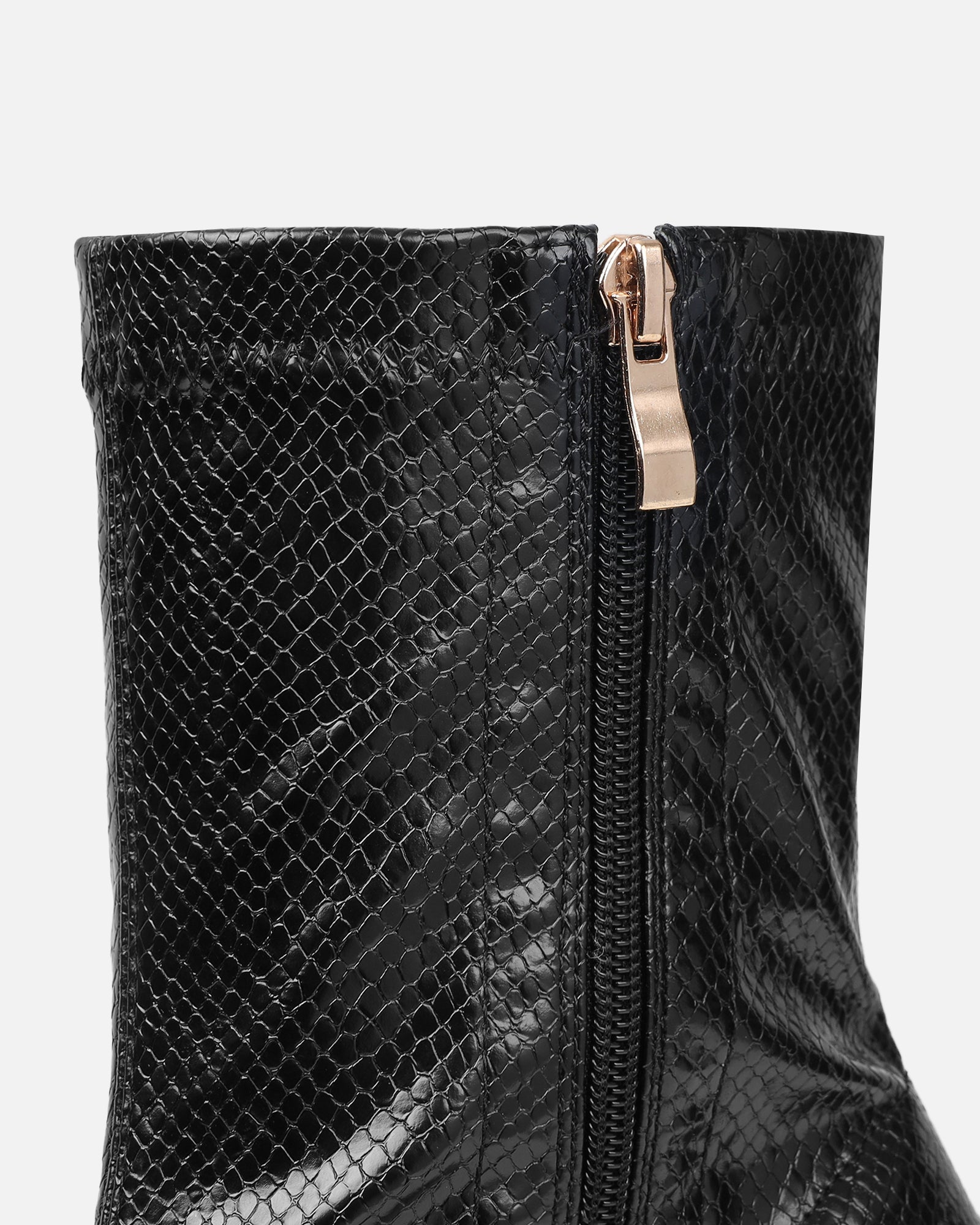 Jude Black Snake Effect Low Heel Boots With Gold Heel