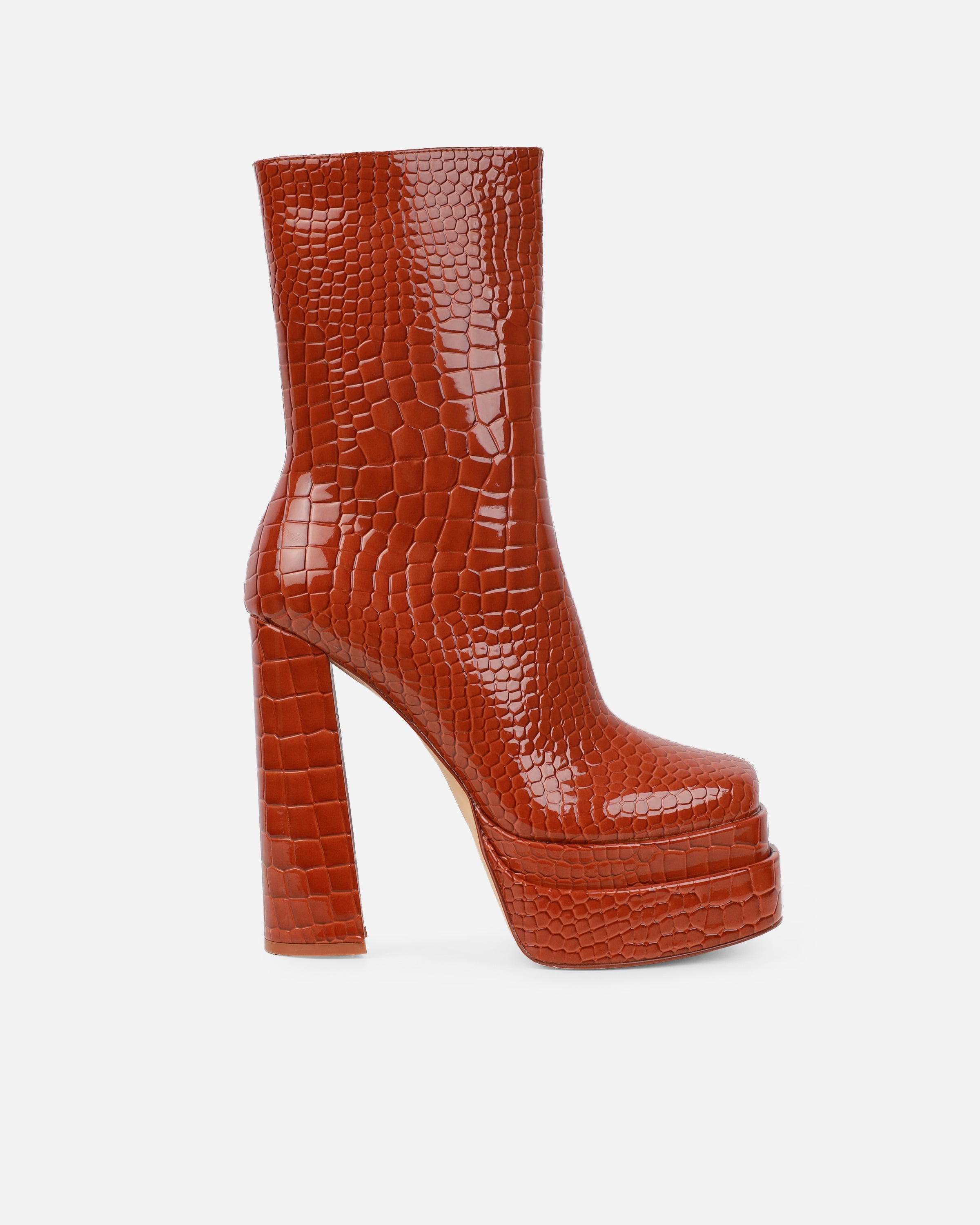Martha Tan Faux Croc Double Platform Block Heel Ankle Boots