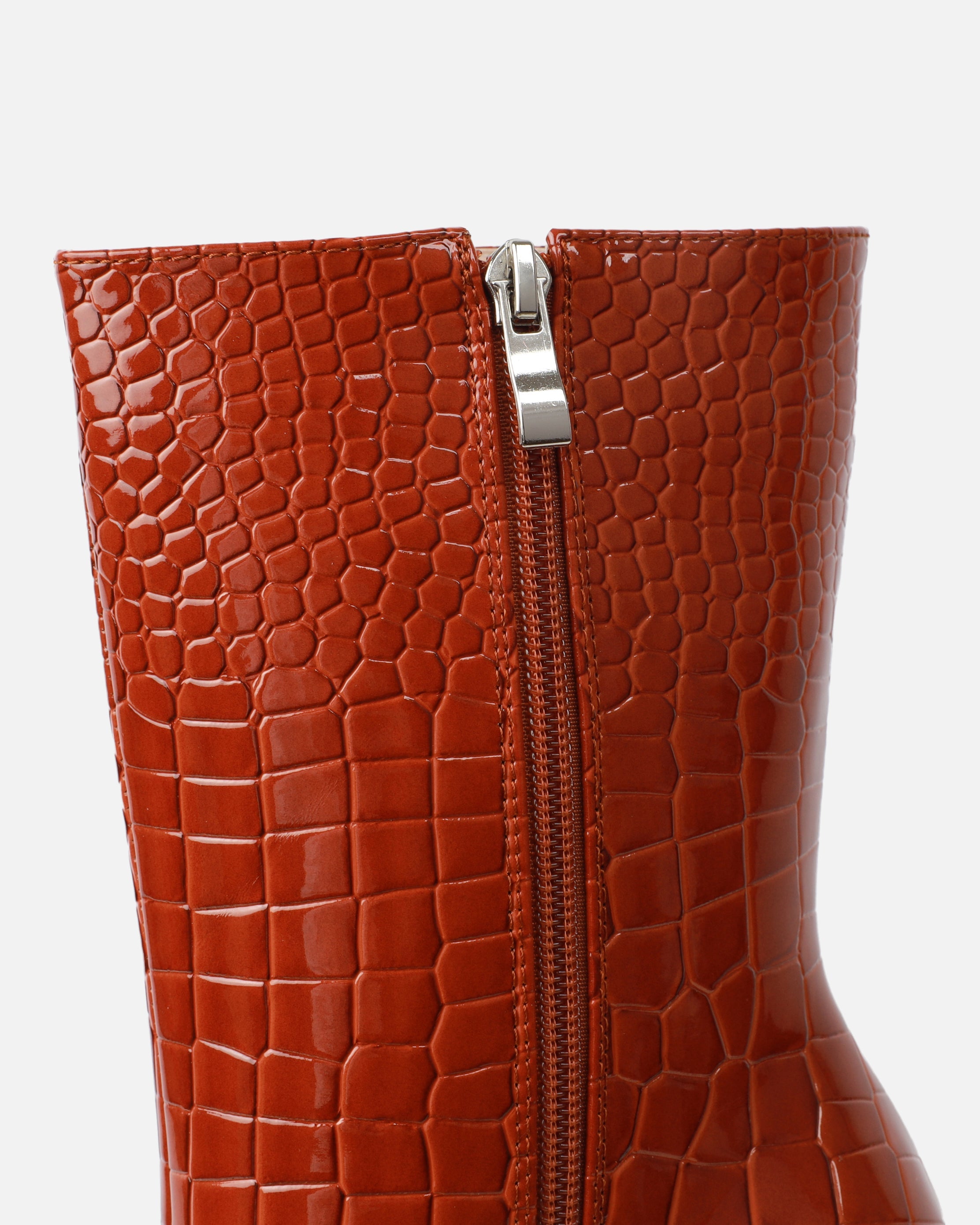 Martha Tan Faux Croc Double Platform Block Heel Ankle Boots