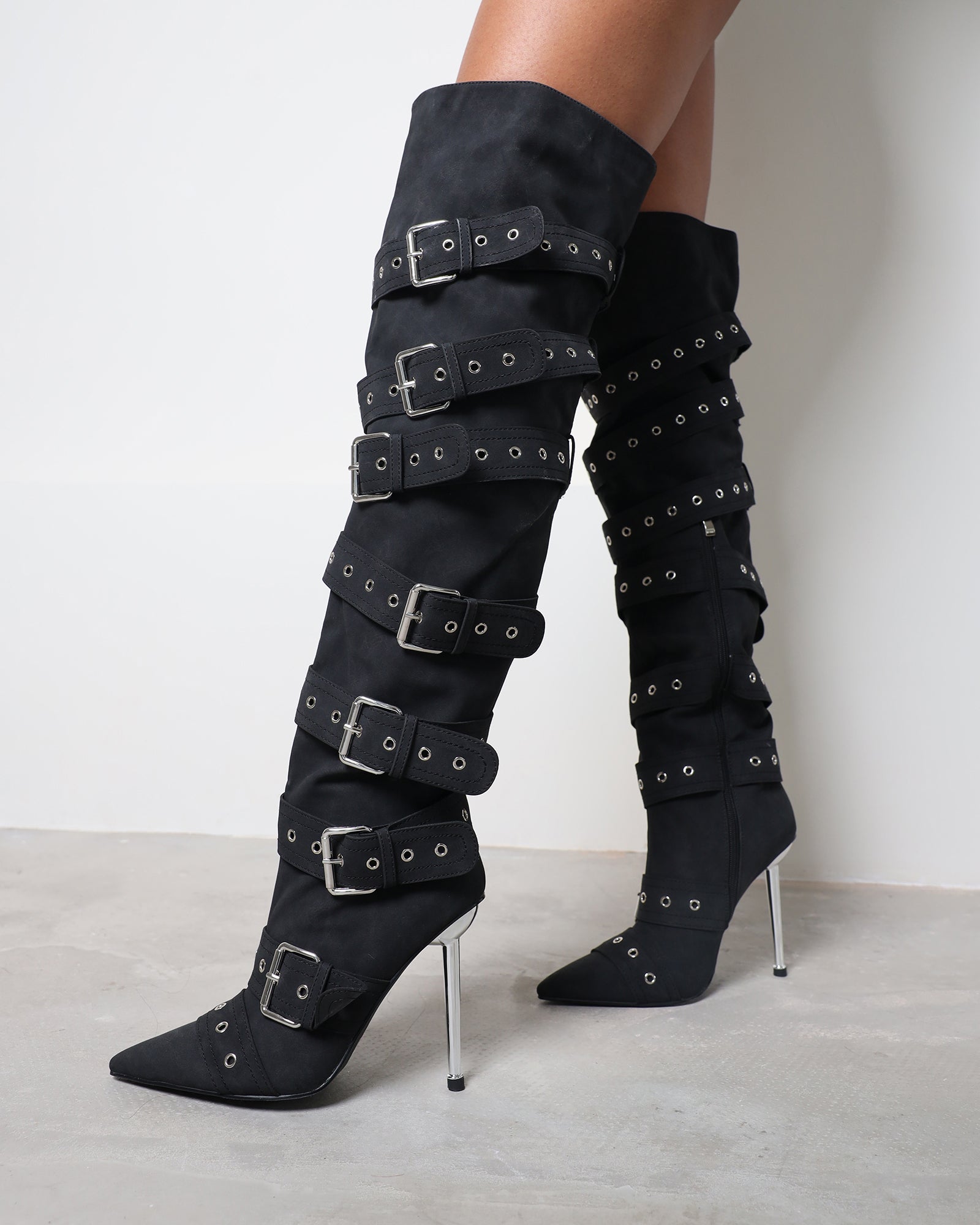 Maxton Black Nubuck Multi Buckle Thigh High Boots