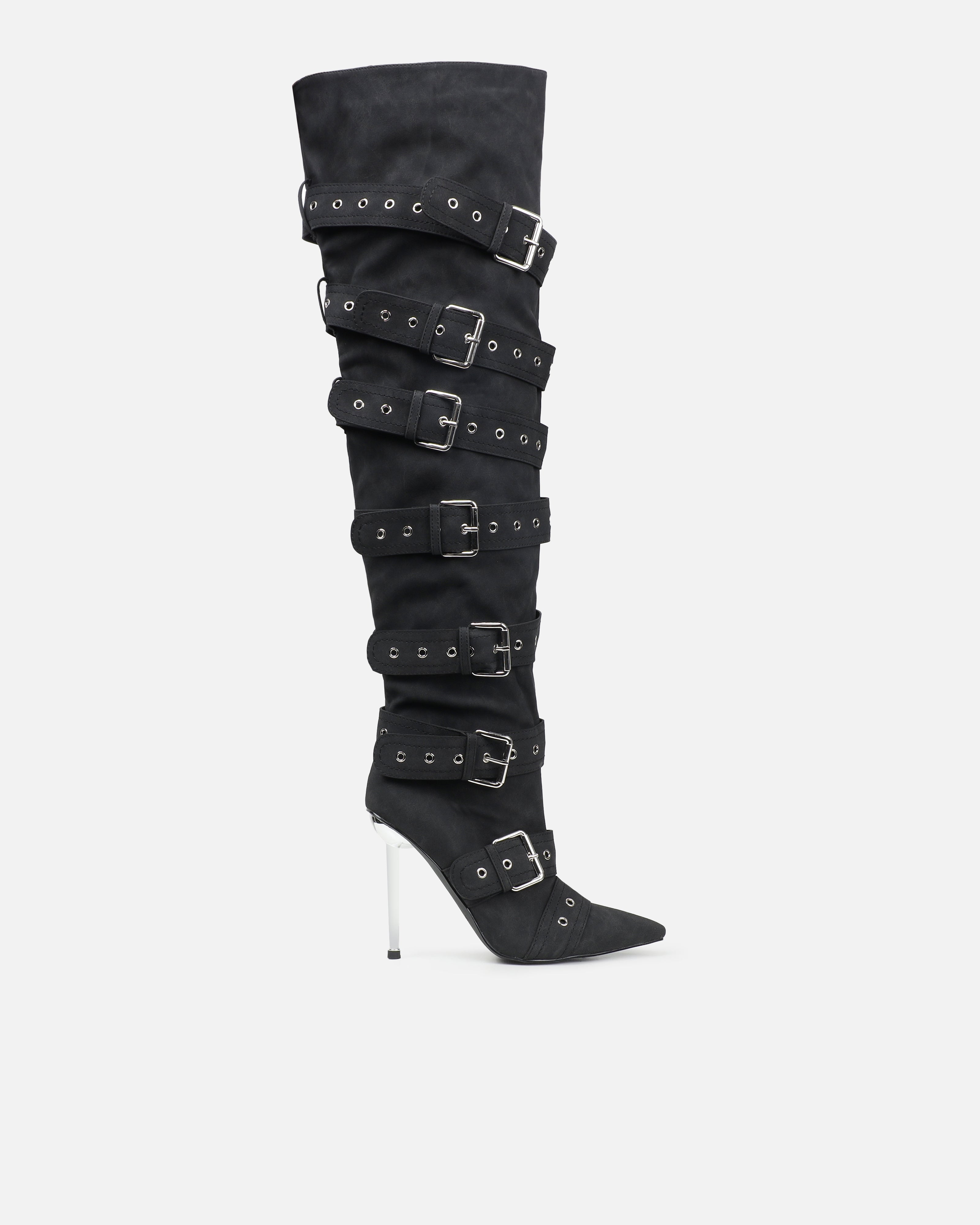 Maxton Black Nubuck Multi Buckle Thigh High Boots
