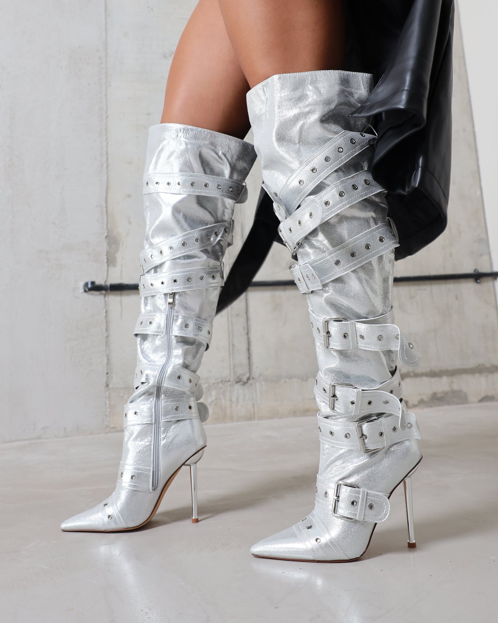 Maxton Silver Denim Multi Buckle Thigh High Boots