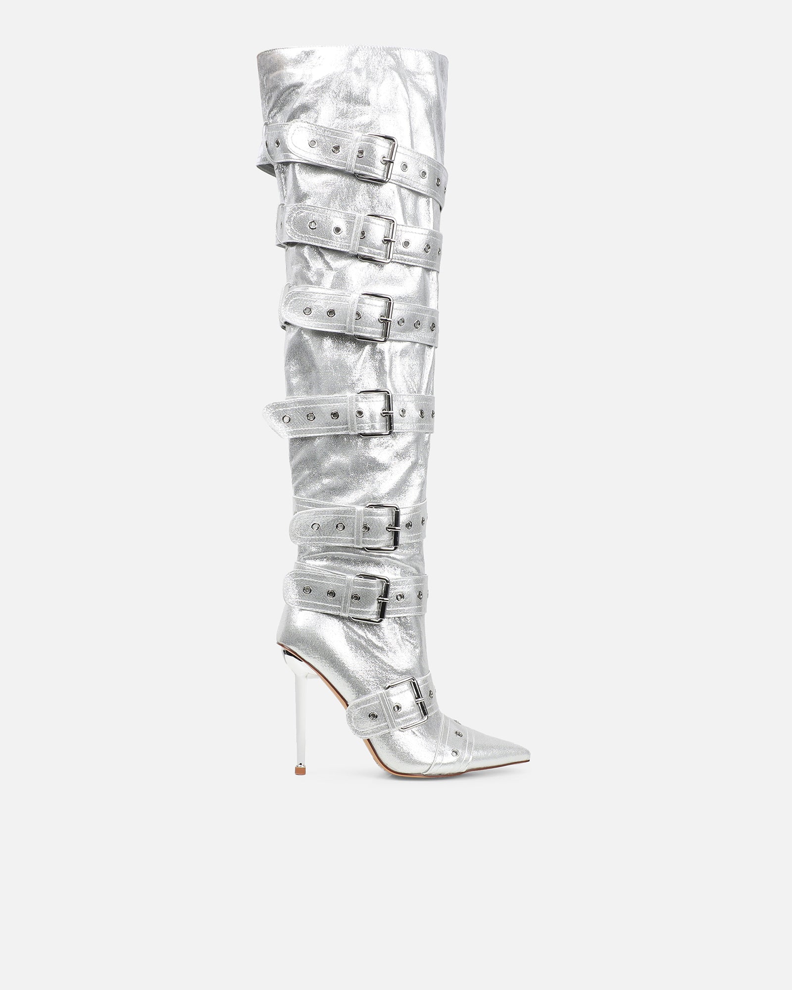 Maxton Silver Denim Multi Buckle Thigh High Boots