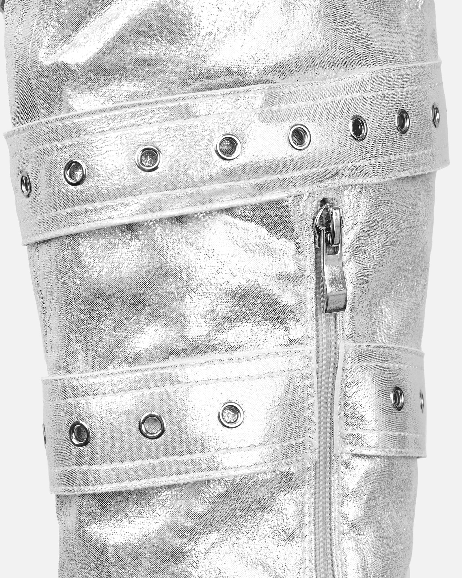 Maxton Silver Denim Multi Buckle Thigh High Boots