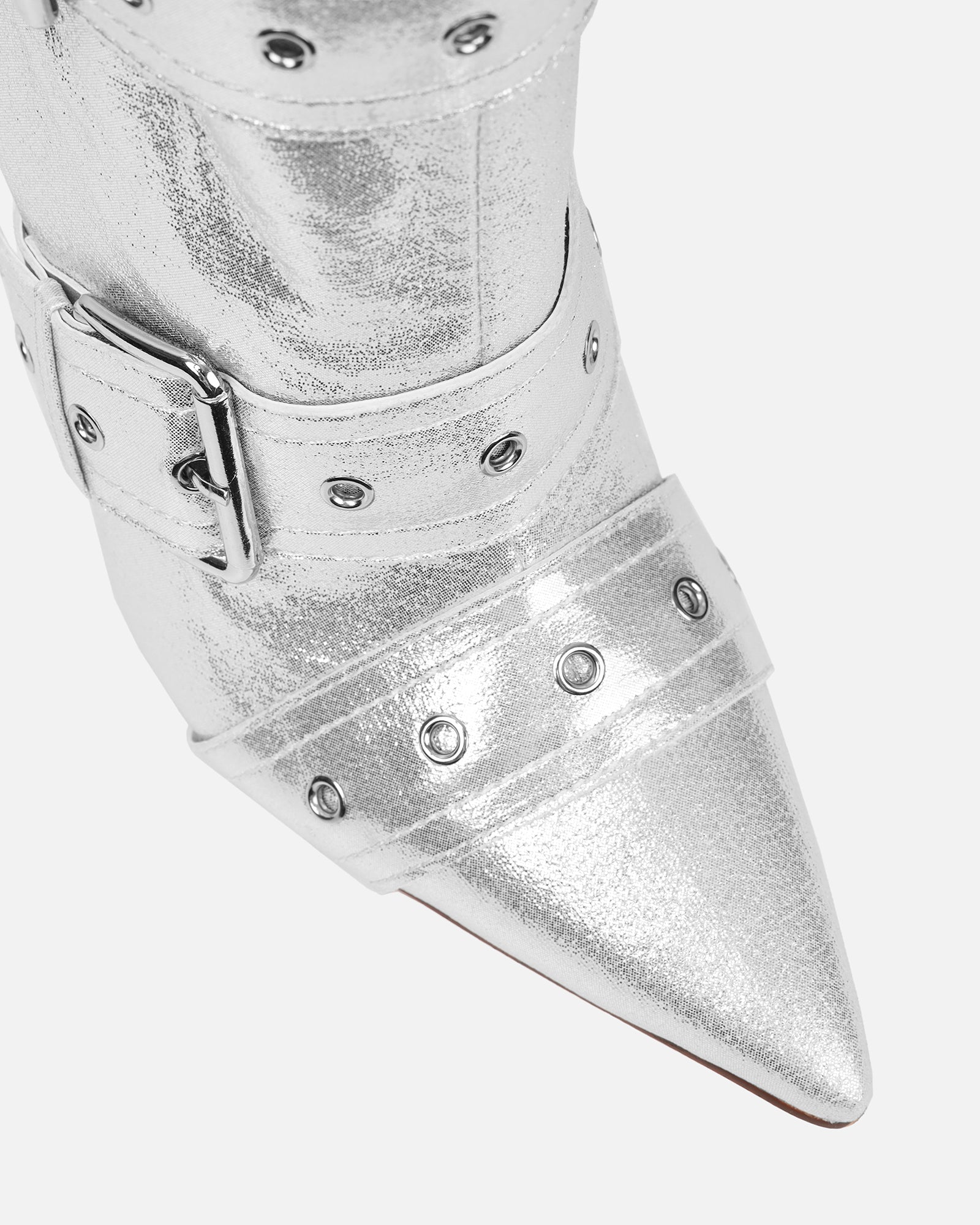 Maxton Silver Denim Multi Buckle Thigh High Boots