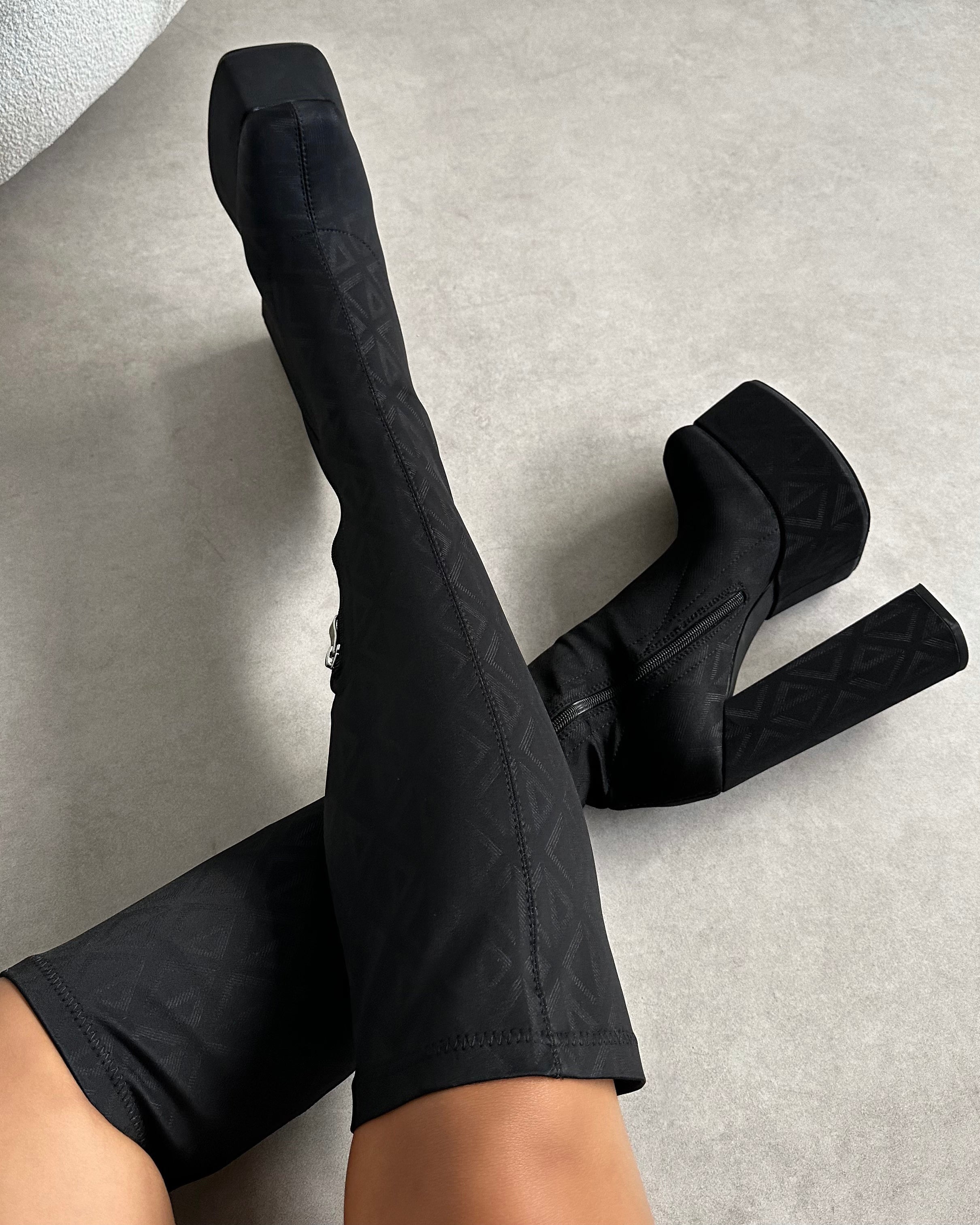 Franks Black Stretch Printed Knee Boots