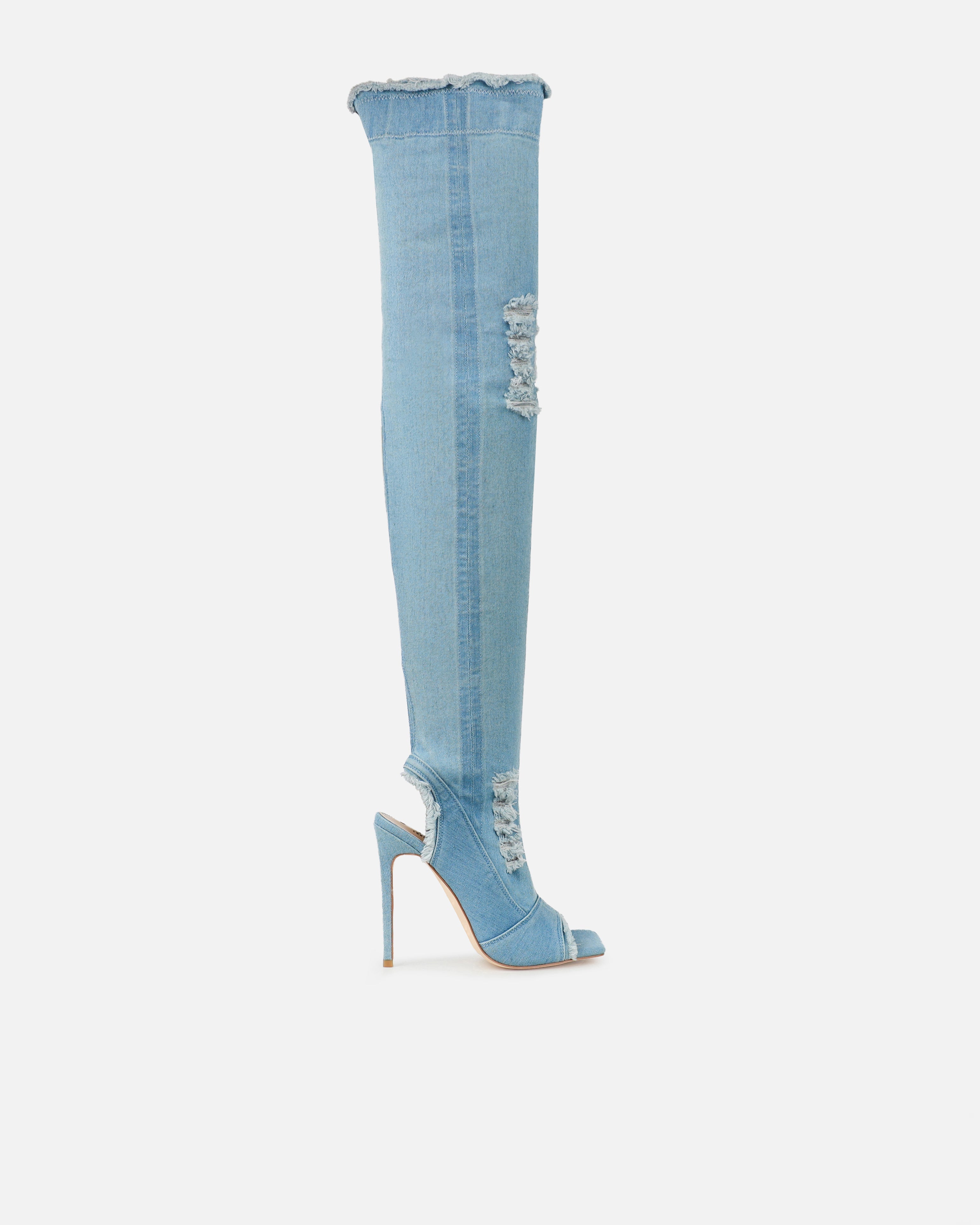 Dimitri Blue Denim Open Toe Stiletto Thigh High Boots