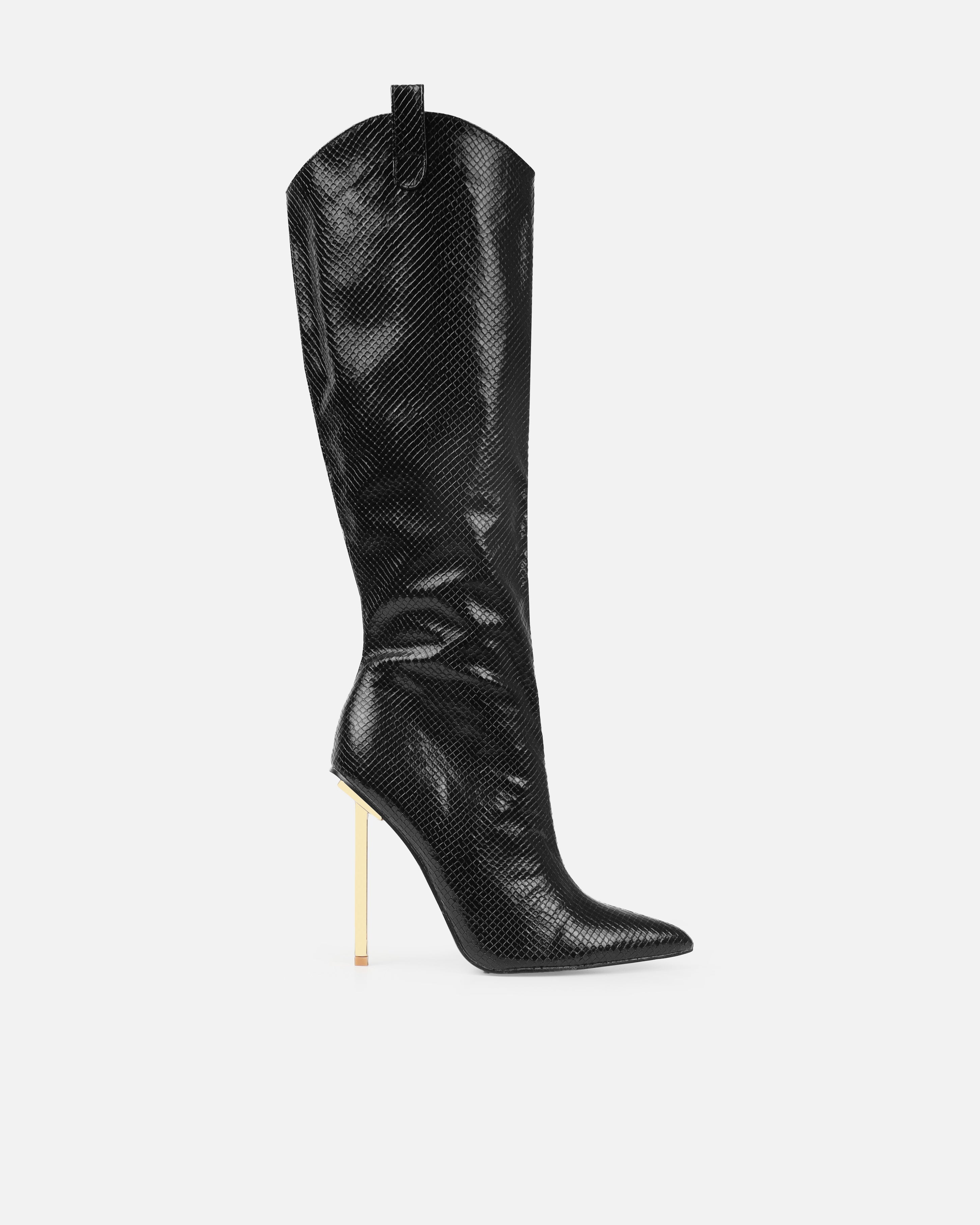 Nash Black Faux Snake Print Stiletto Knee High Boots