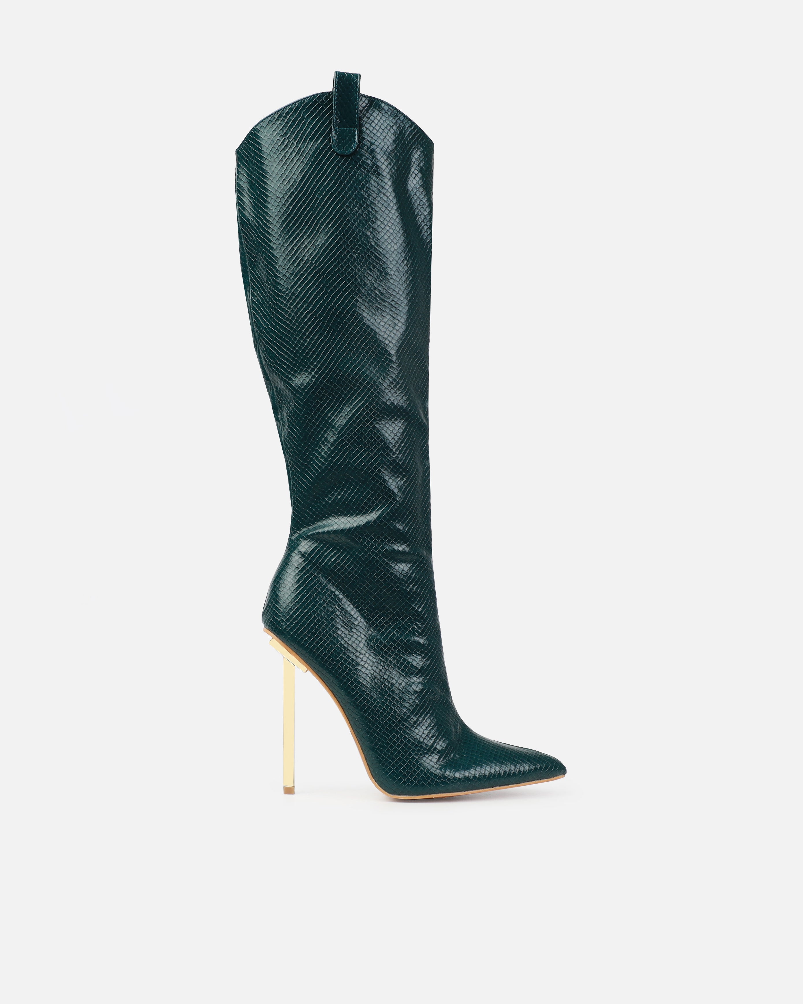Nash Green Faux Snake Print Stiletto Knee High Boots