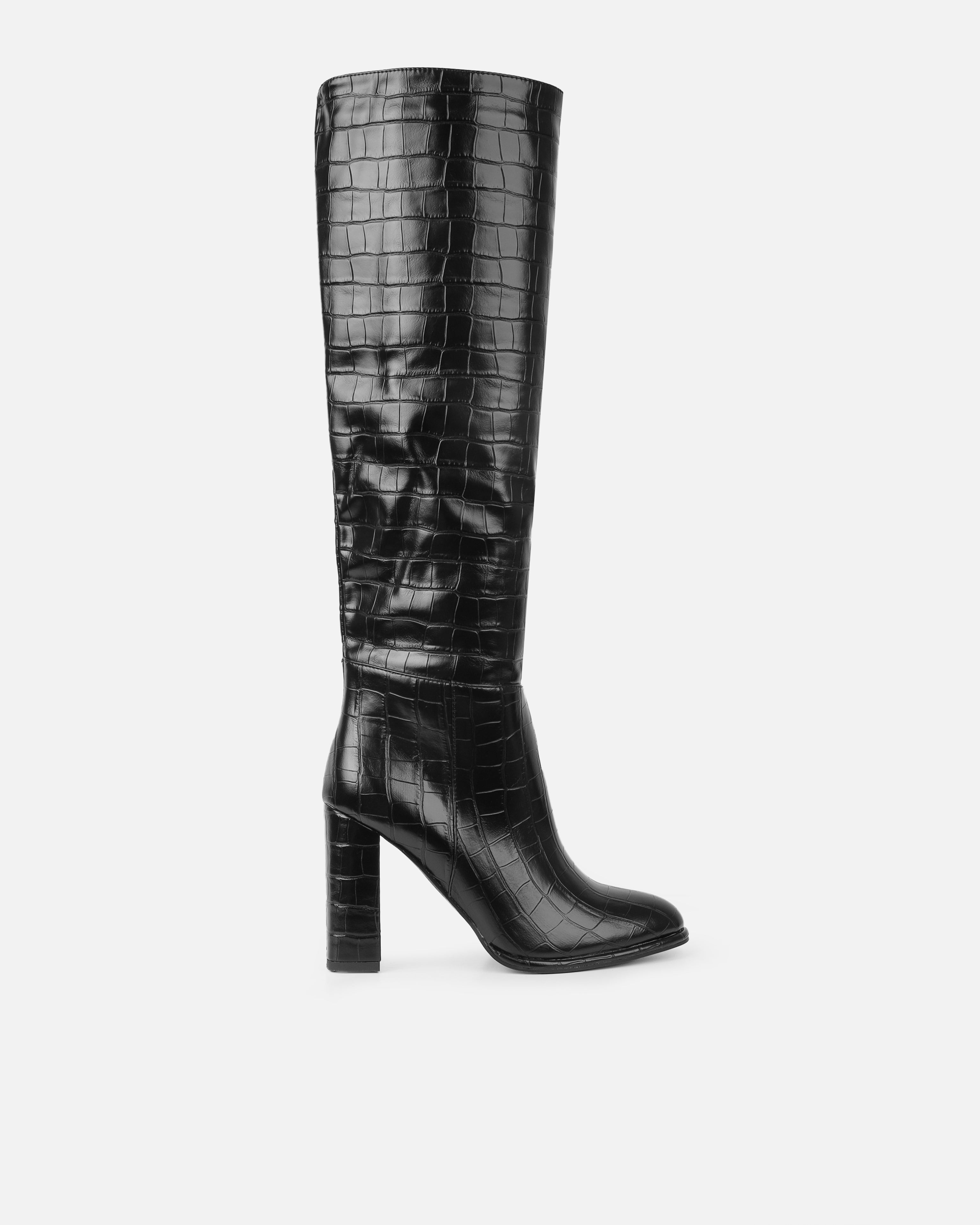 Oakley Black Faux Croc Block Heel Knee High Boots