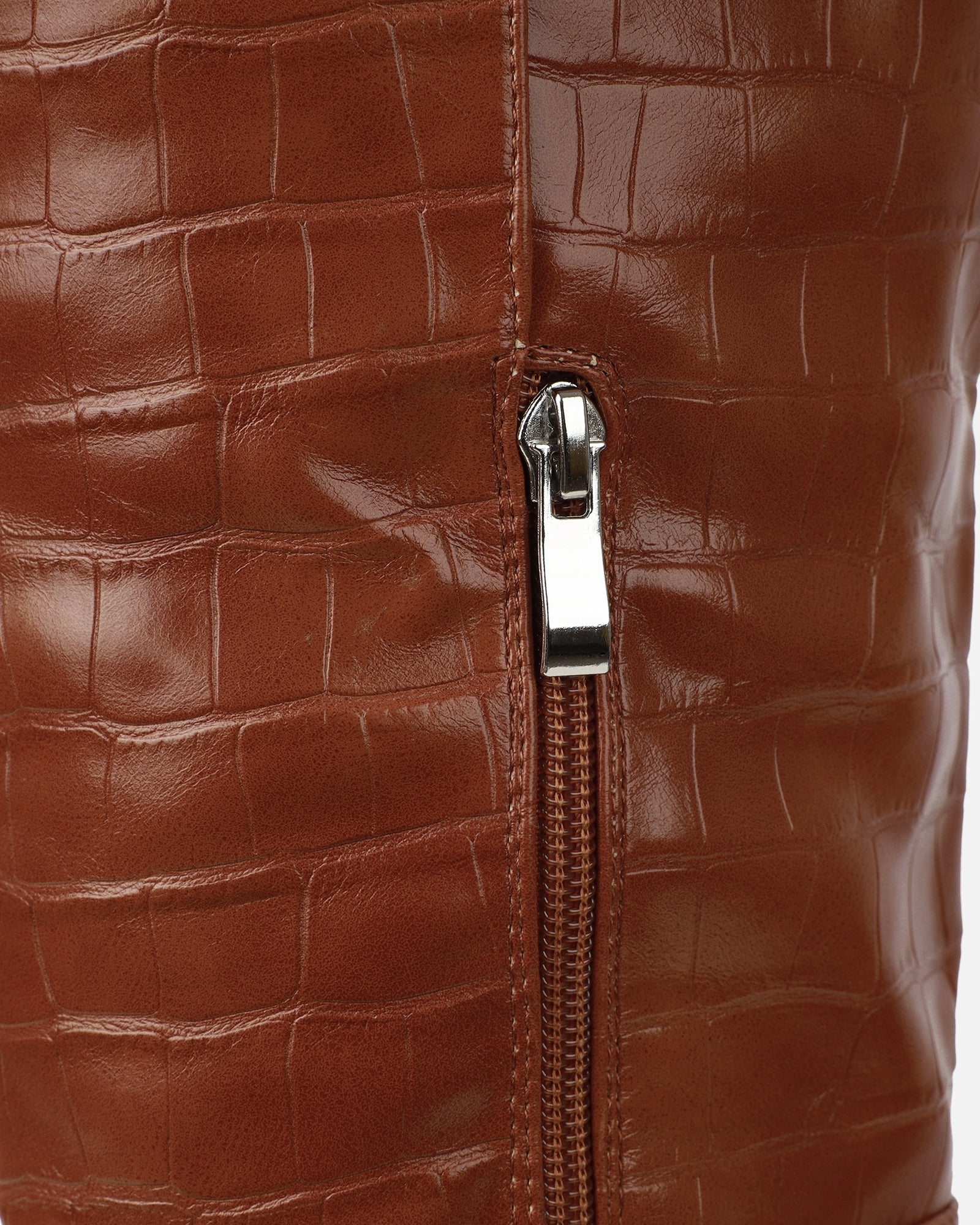 Oakley Tan Faux Croc Block Heel Knee High Boots