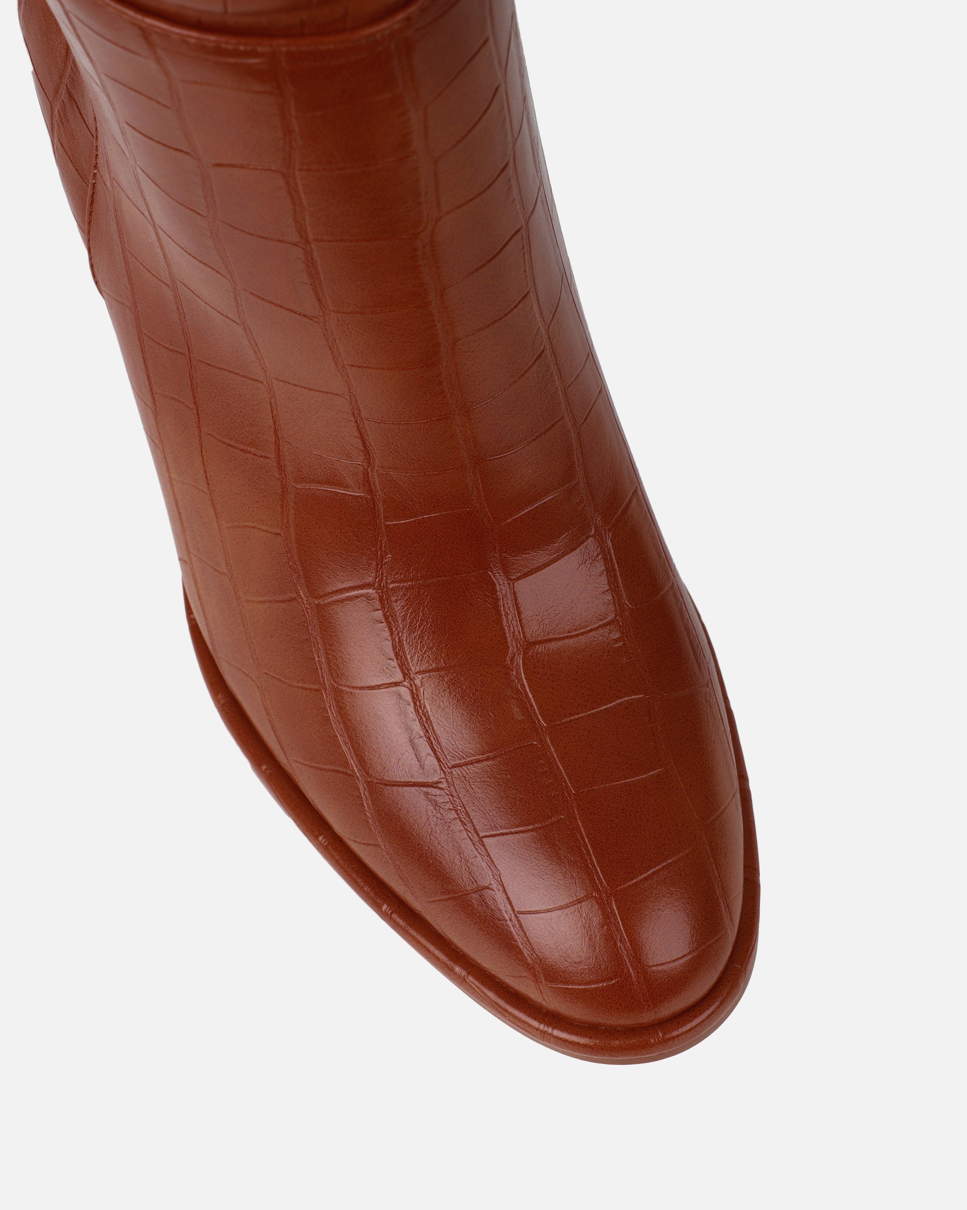 Oakley Tan Faux Croc Block Heel Knee High Boots