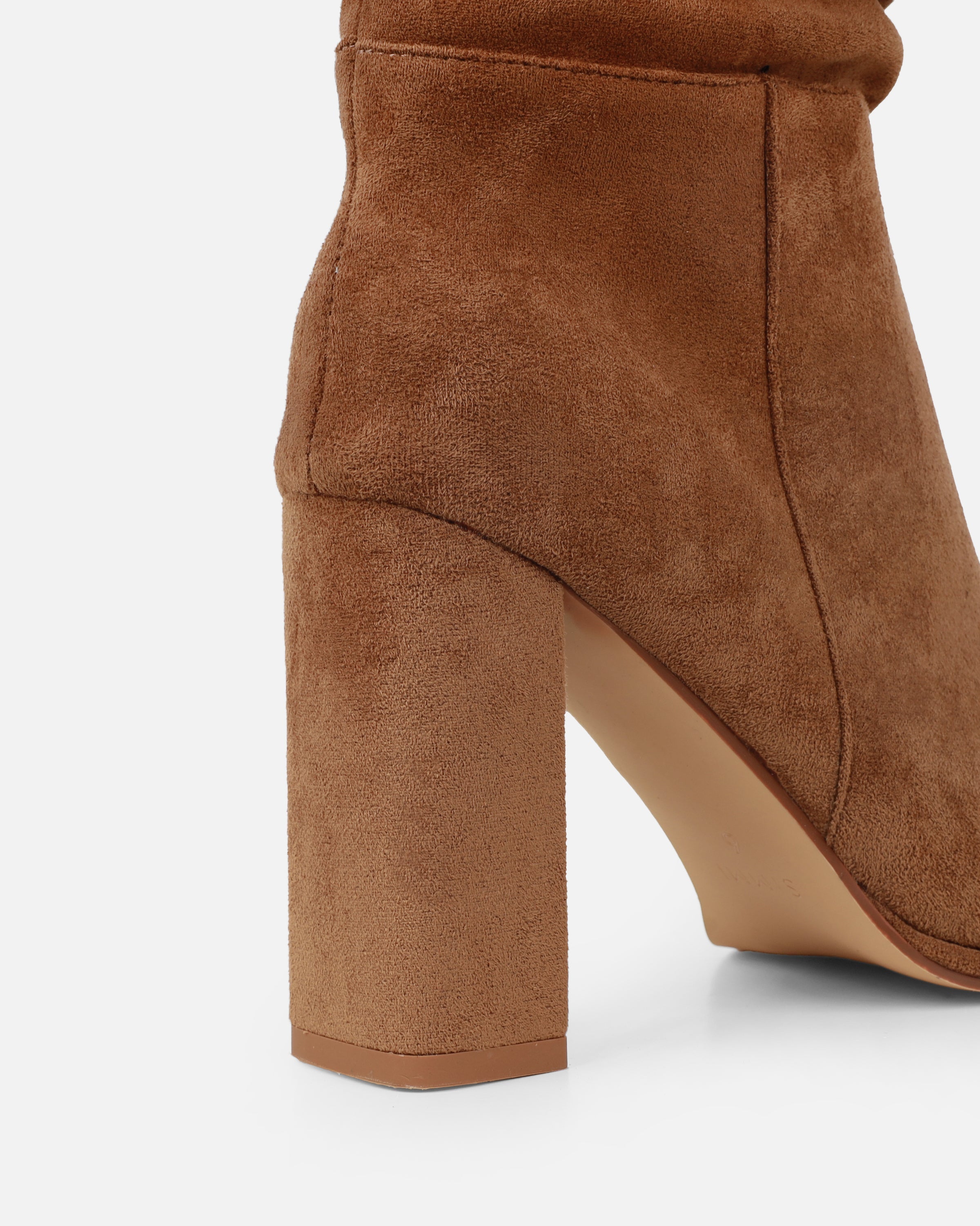 Sylvestor Tan Faux Suede Block Heel Slouch Knee High Boots