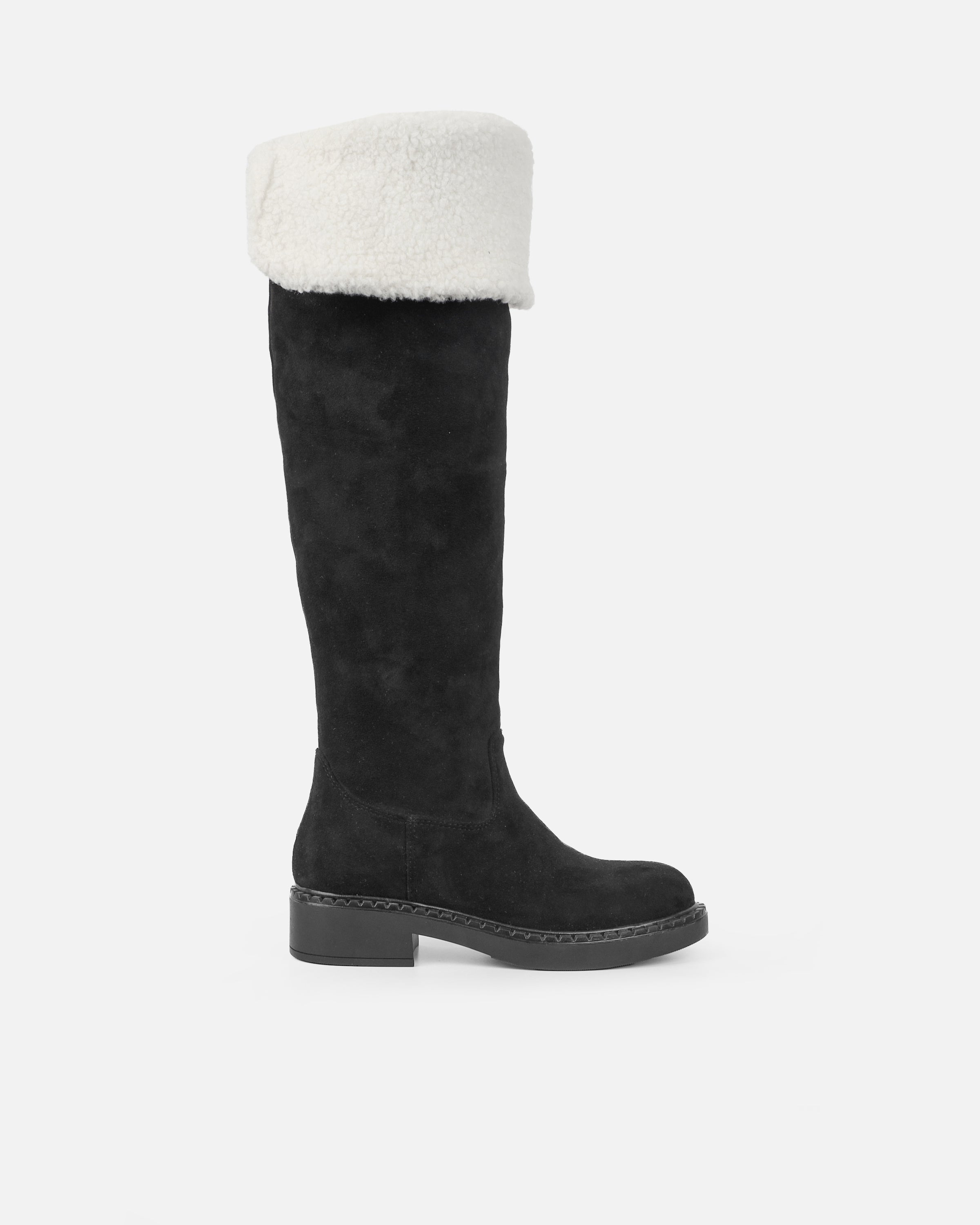 Obama Black Faux Suede Fold Over Shearling Knee Boots
