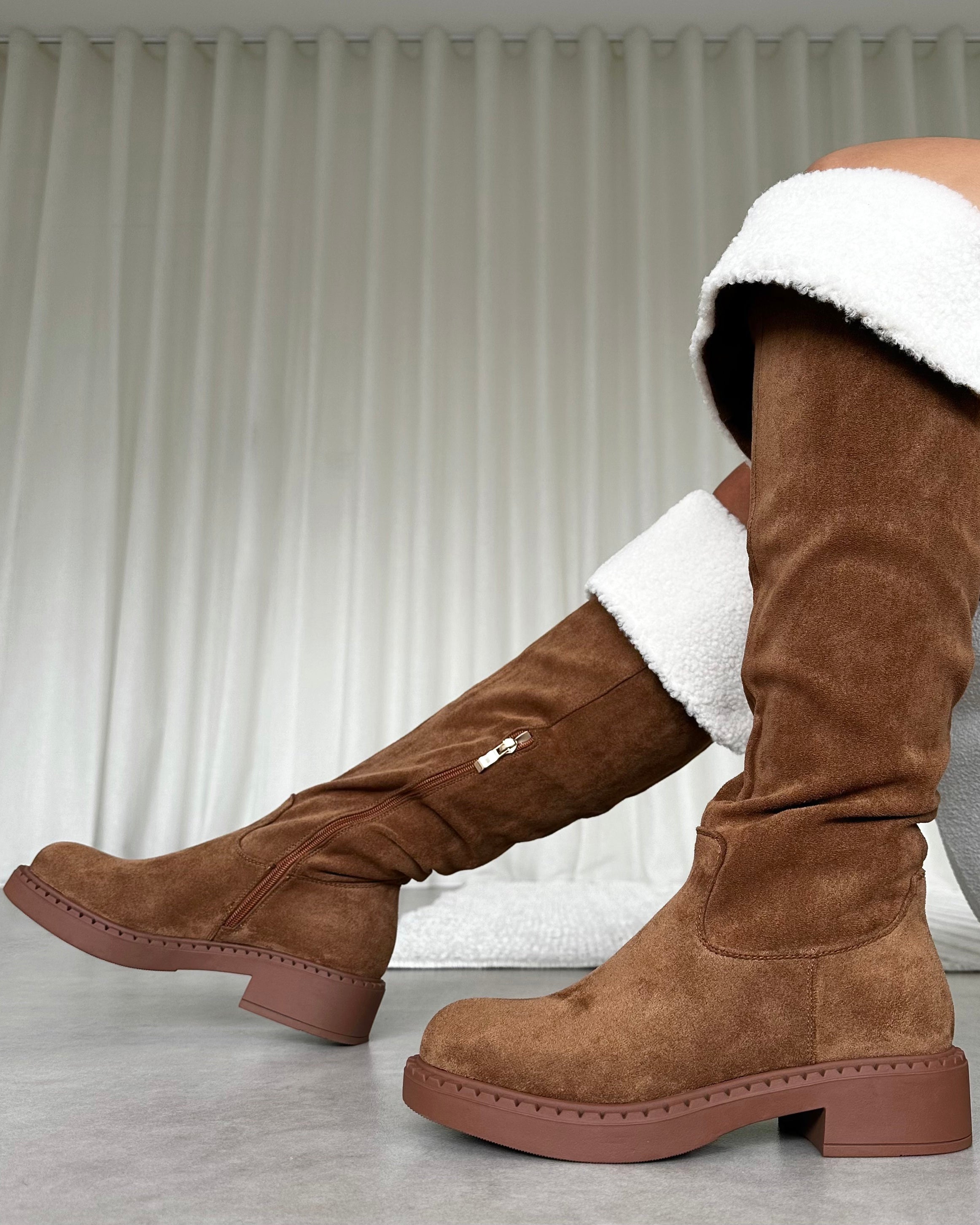 Obama Tan Faux Suede Fold Over Shearling Knee Boots