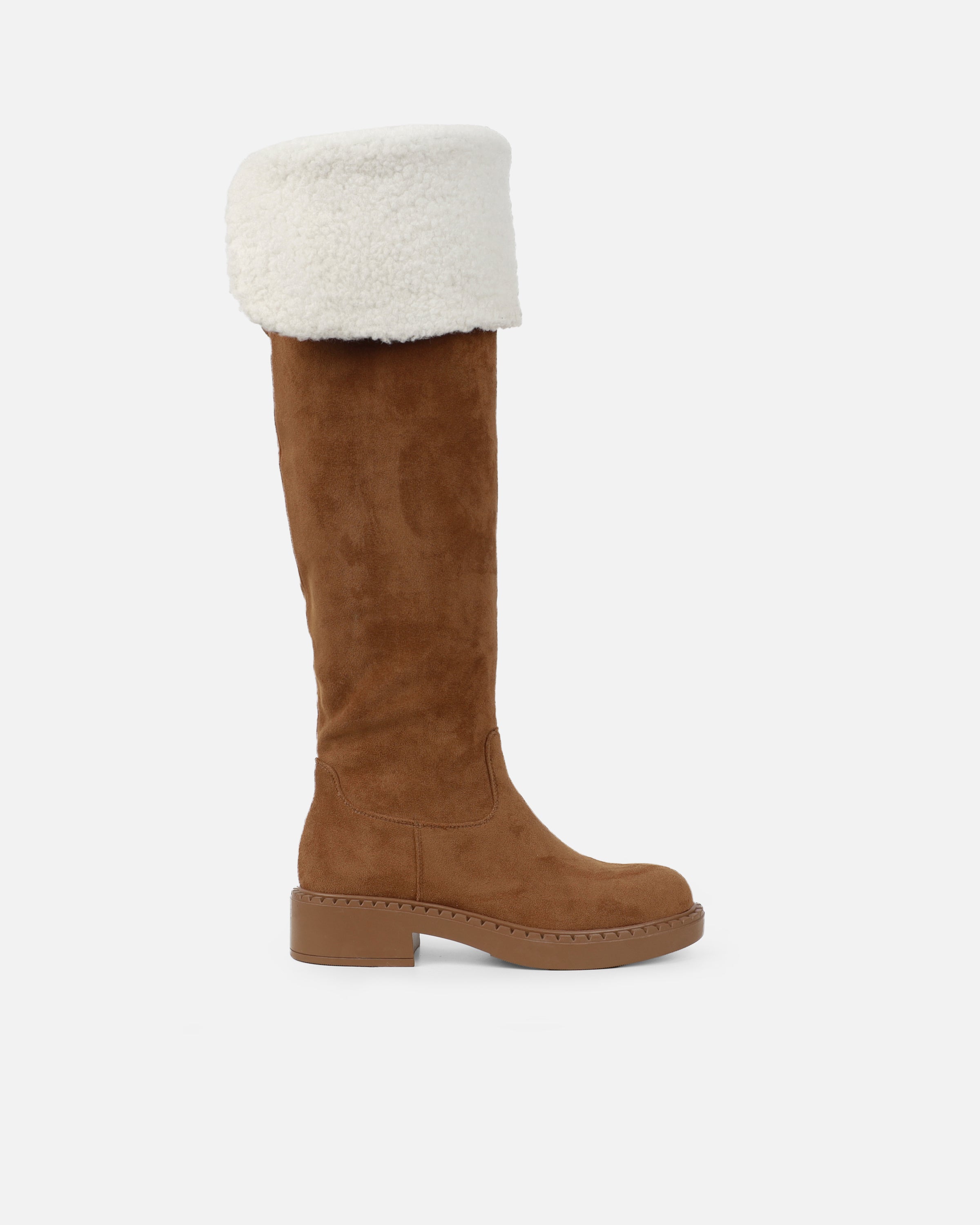 Obama Tan Faux Suede Fold Over Shearling Knee Boots
