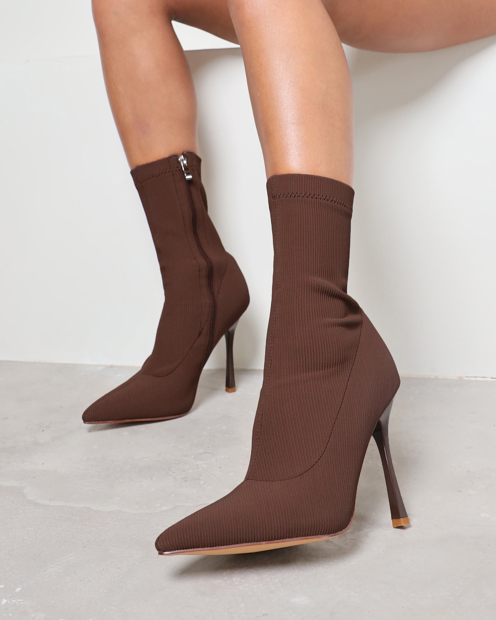 Huntley Chocolate Brown Ribbed Stretch Heeled Boots