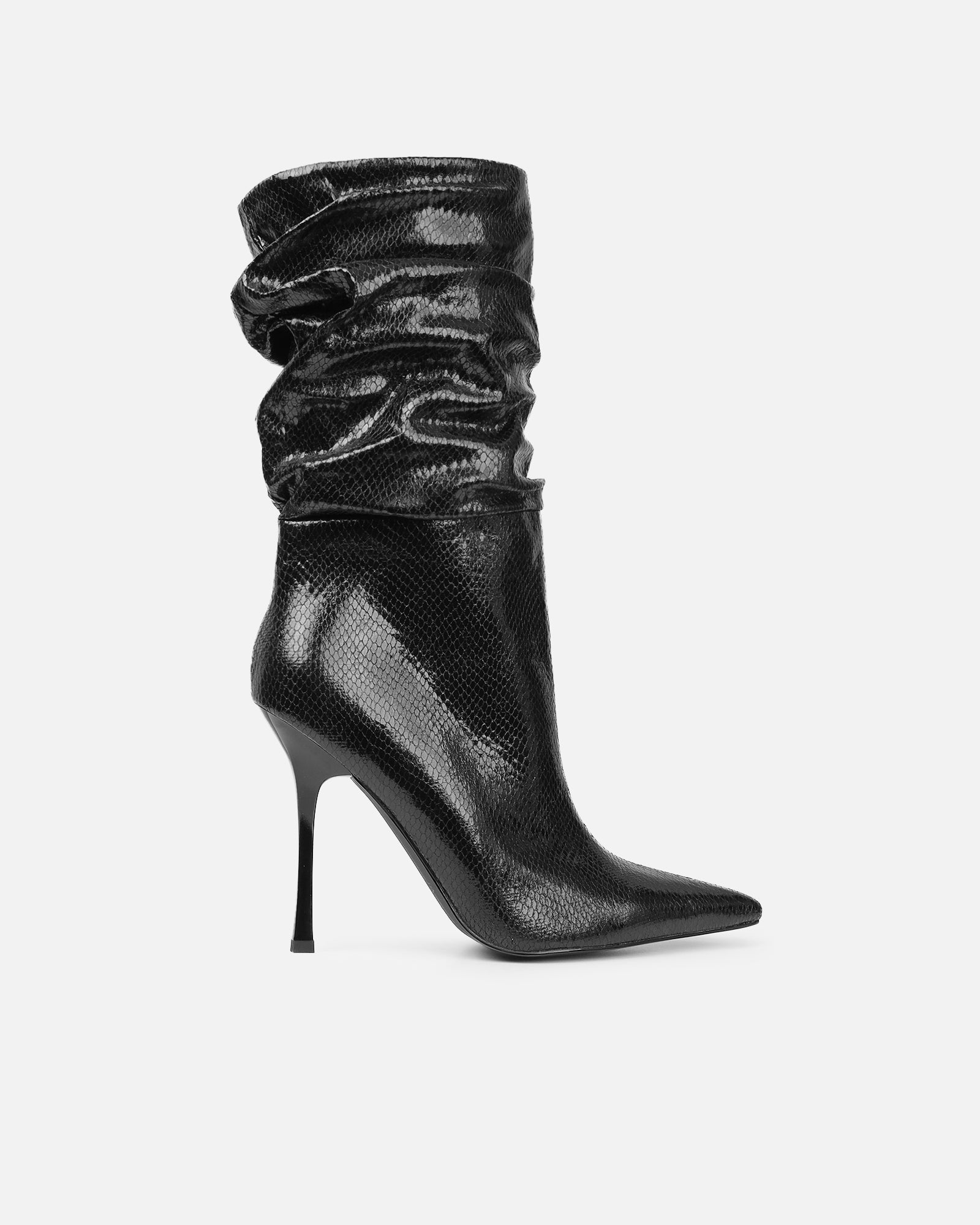 Brette Black Snake Effect Ruched Heeled Boots