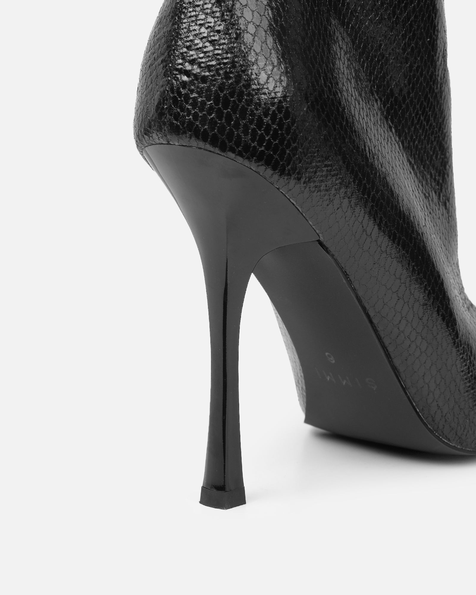 Brette Black Snake Effect Ruched Heeled Boots