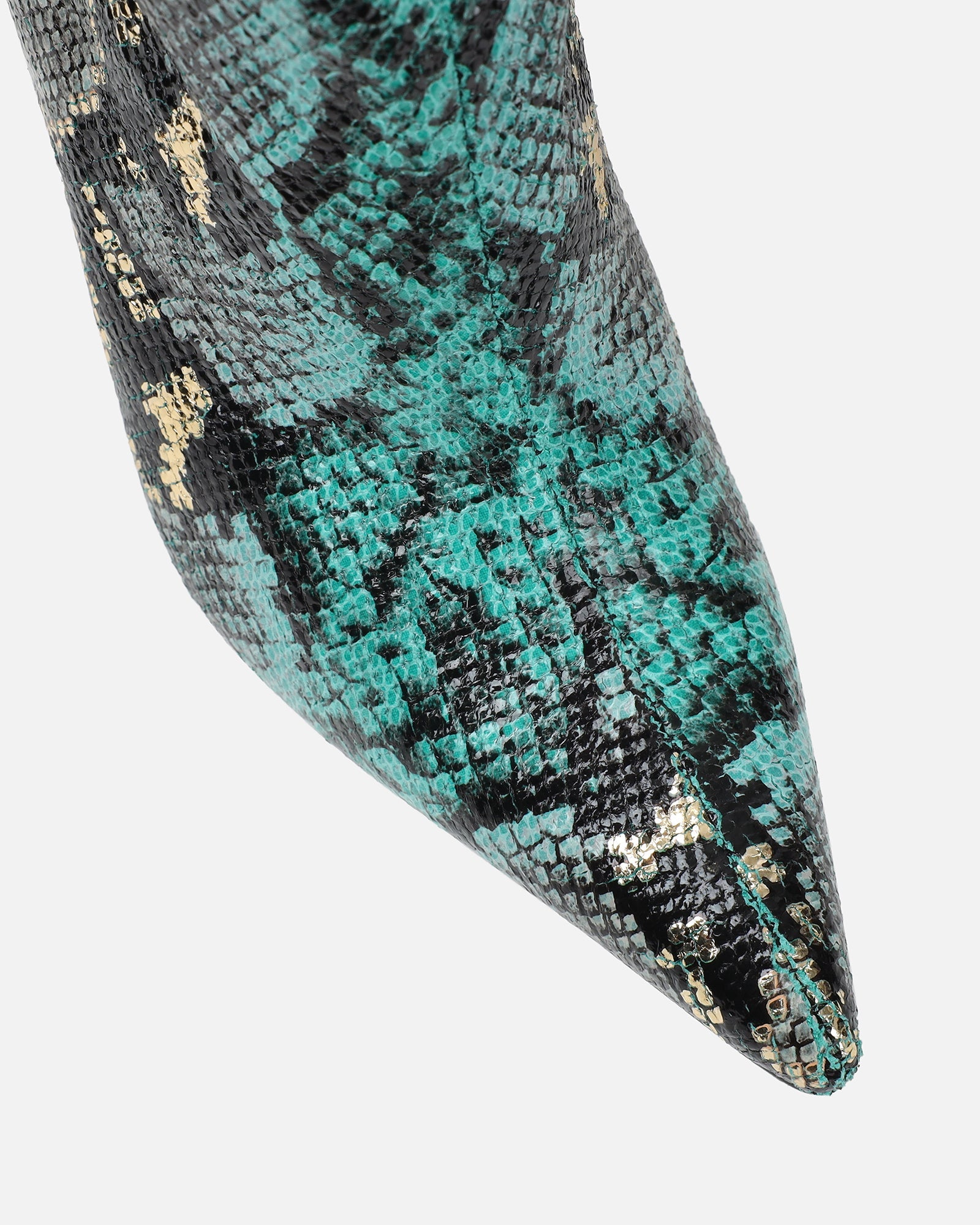 Brette Green Snake Effect Ruched Heeled Boots