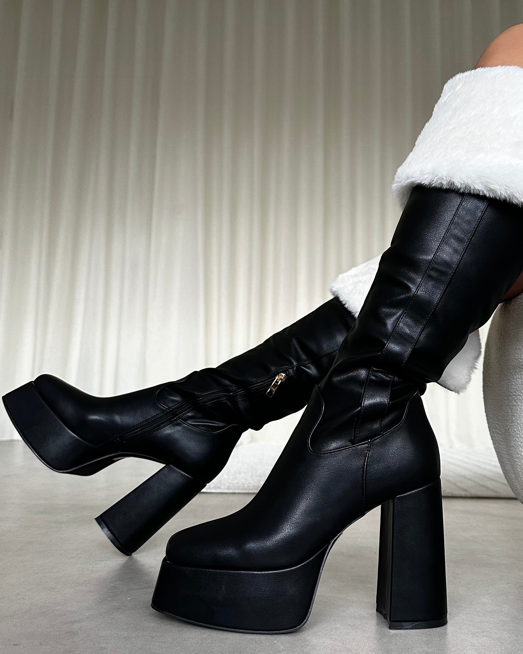 Caiden Black Platform Knee Boots With Faux Fur Turnover