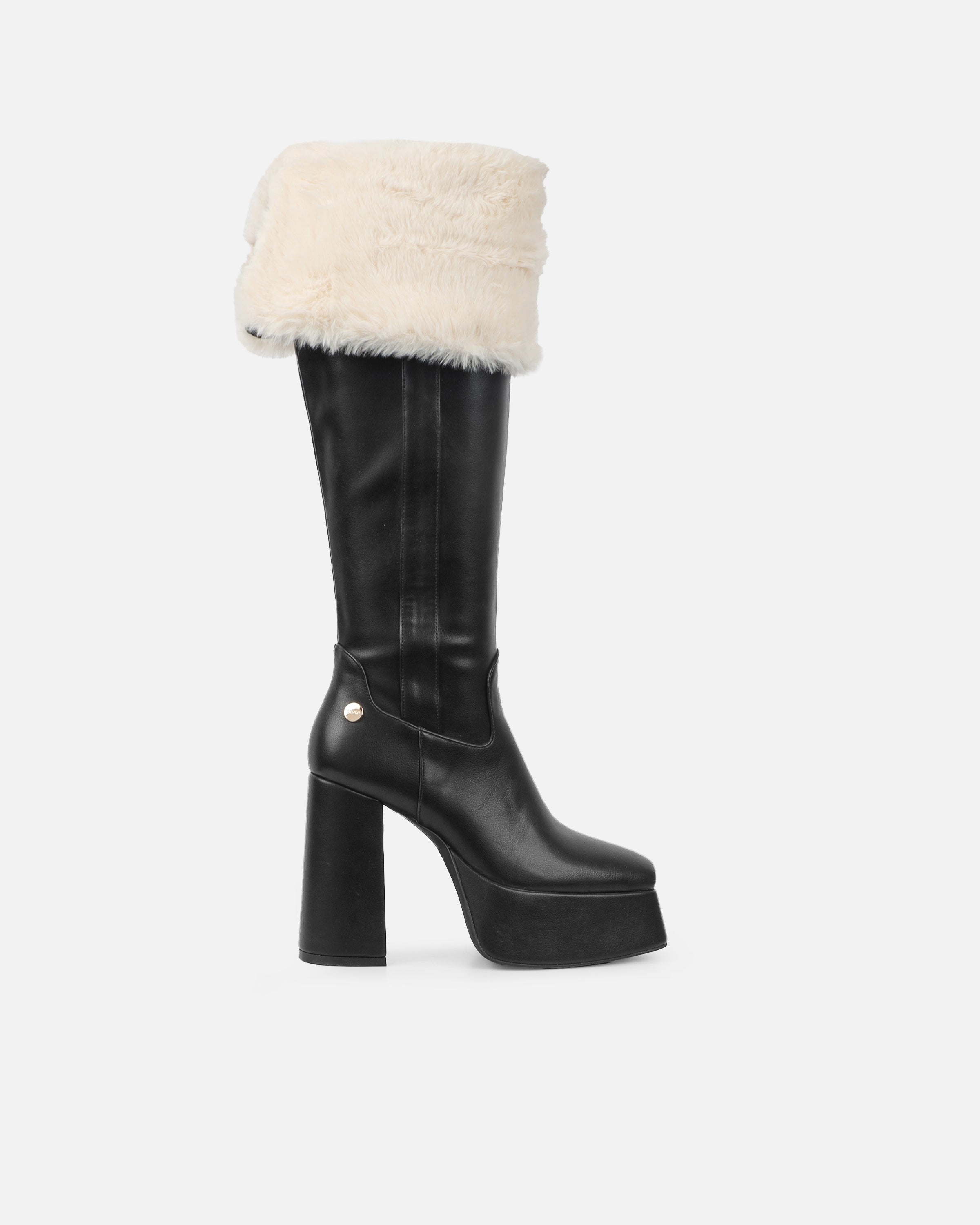 Caiden Black Platform Knee Boots With Faux Fur Turnover