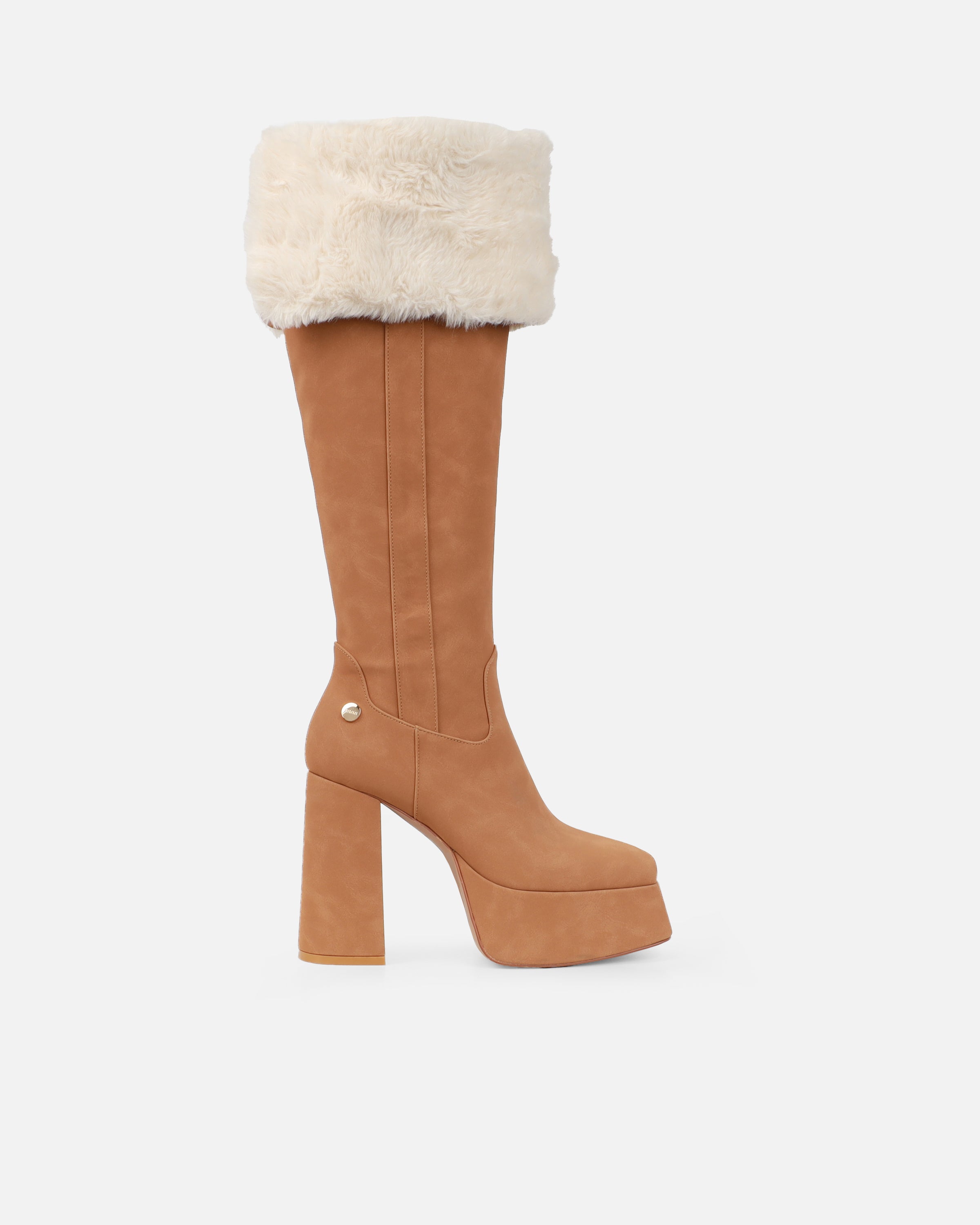 Caiden Tan Platform Knee Boots With Faux Fur Turnover