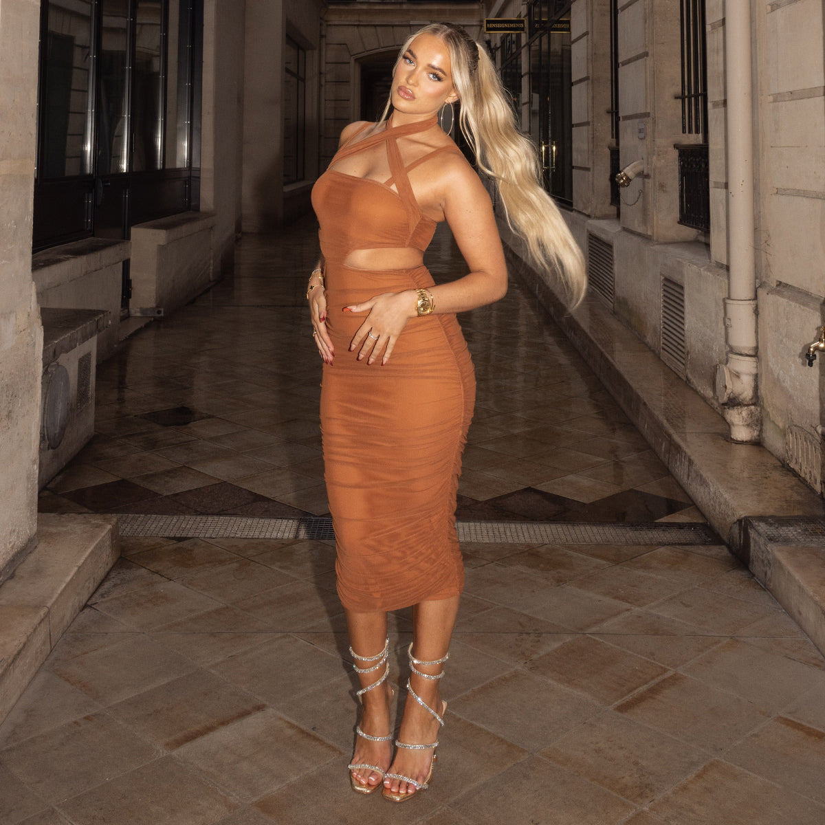 Mary Bedford Patron Terracotta Ruched Mesh Halterneck Midi Dress