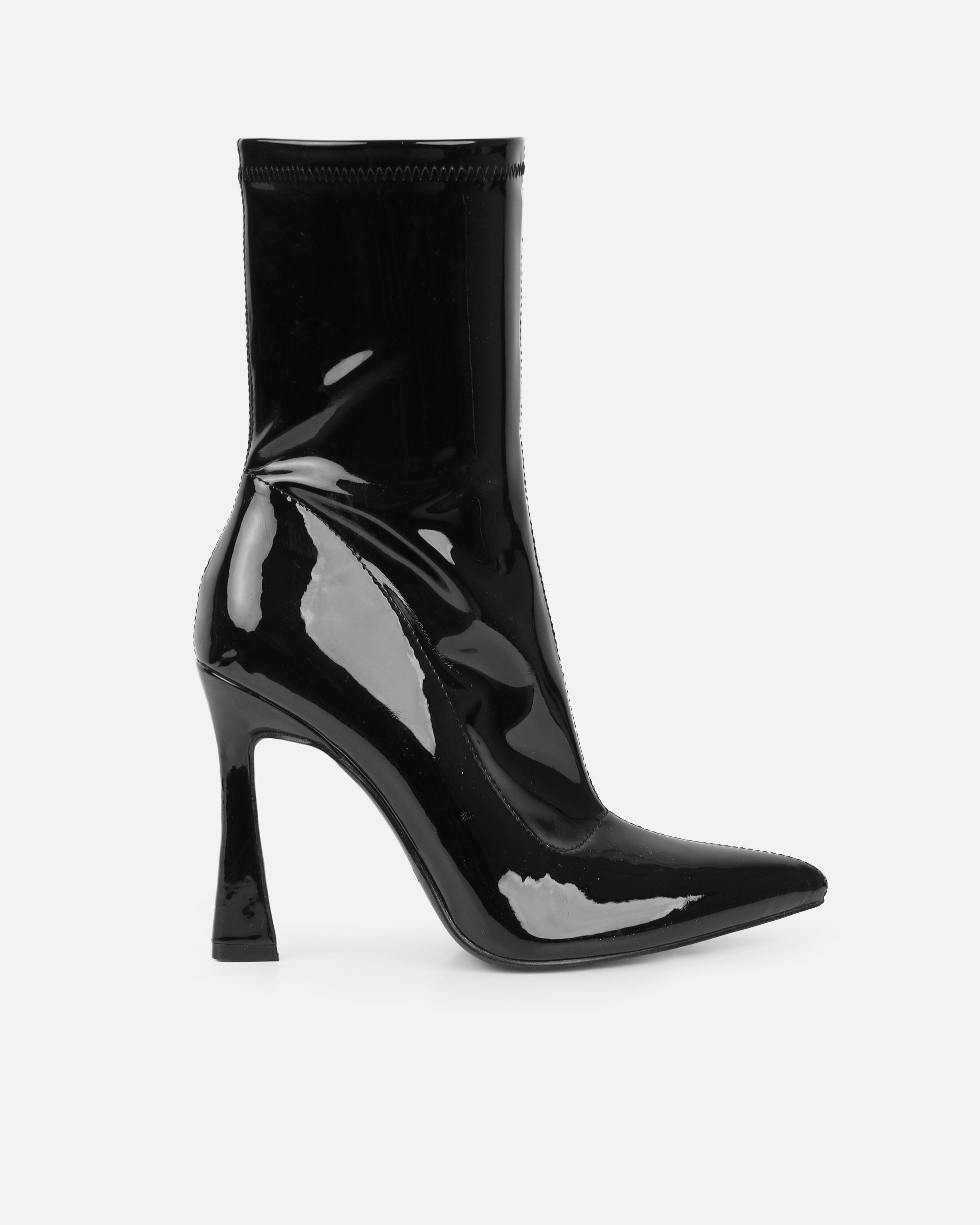 Prince Black Patent High Heeled Pointed Toe Sock Boots