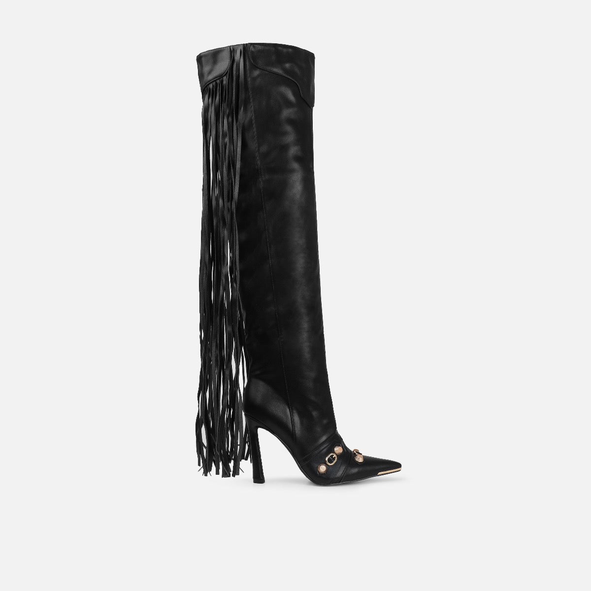 Gethin Black Fringe Studded Knee High Boots