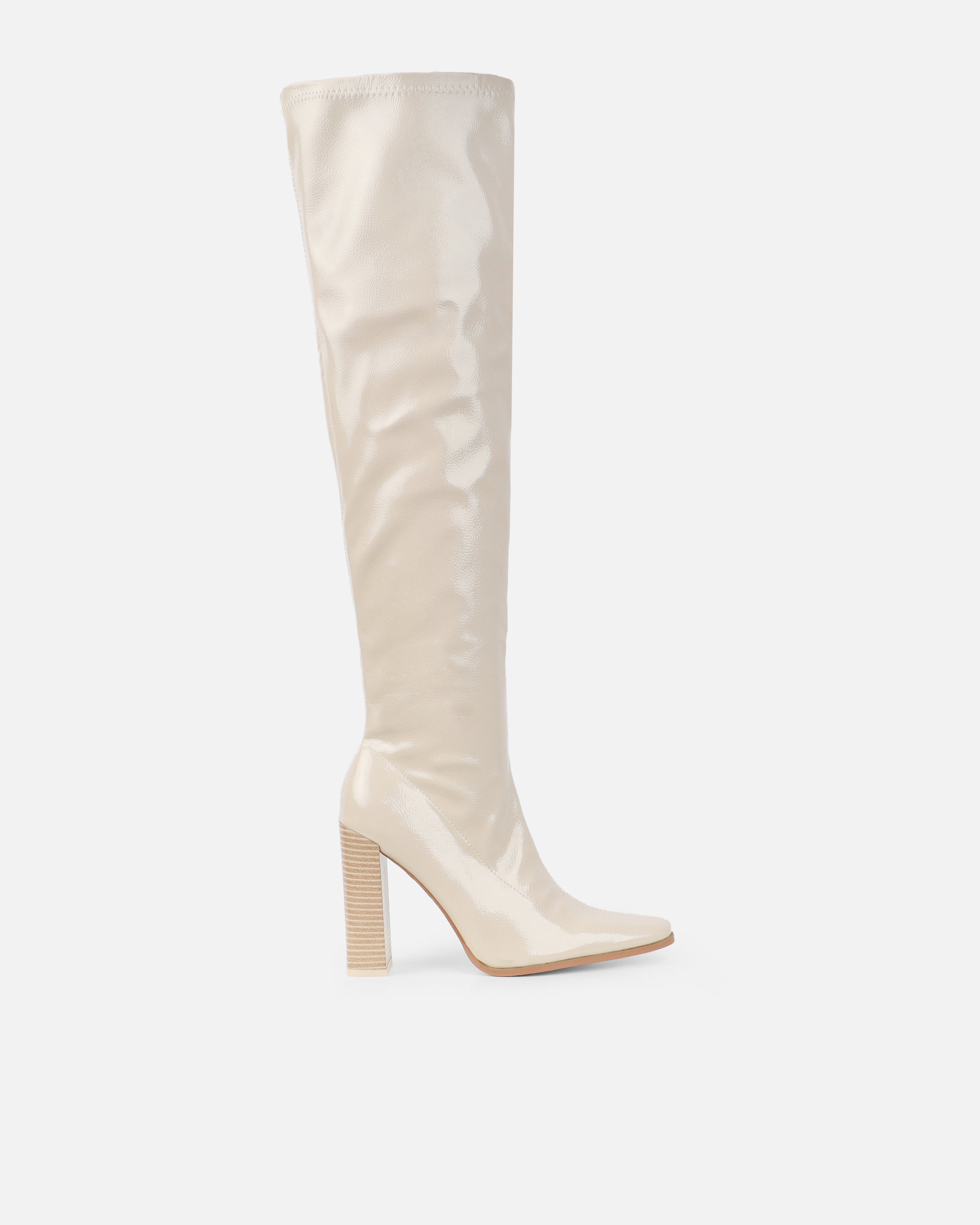 Ron Stone Stretch Patent Block Heel Knee Boots