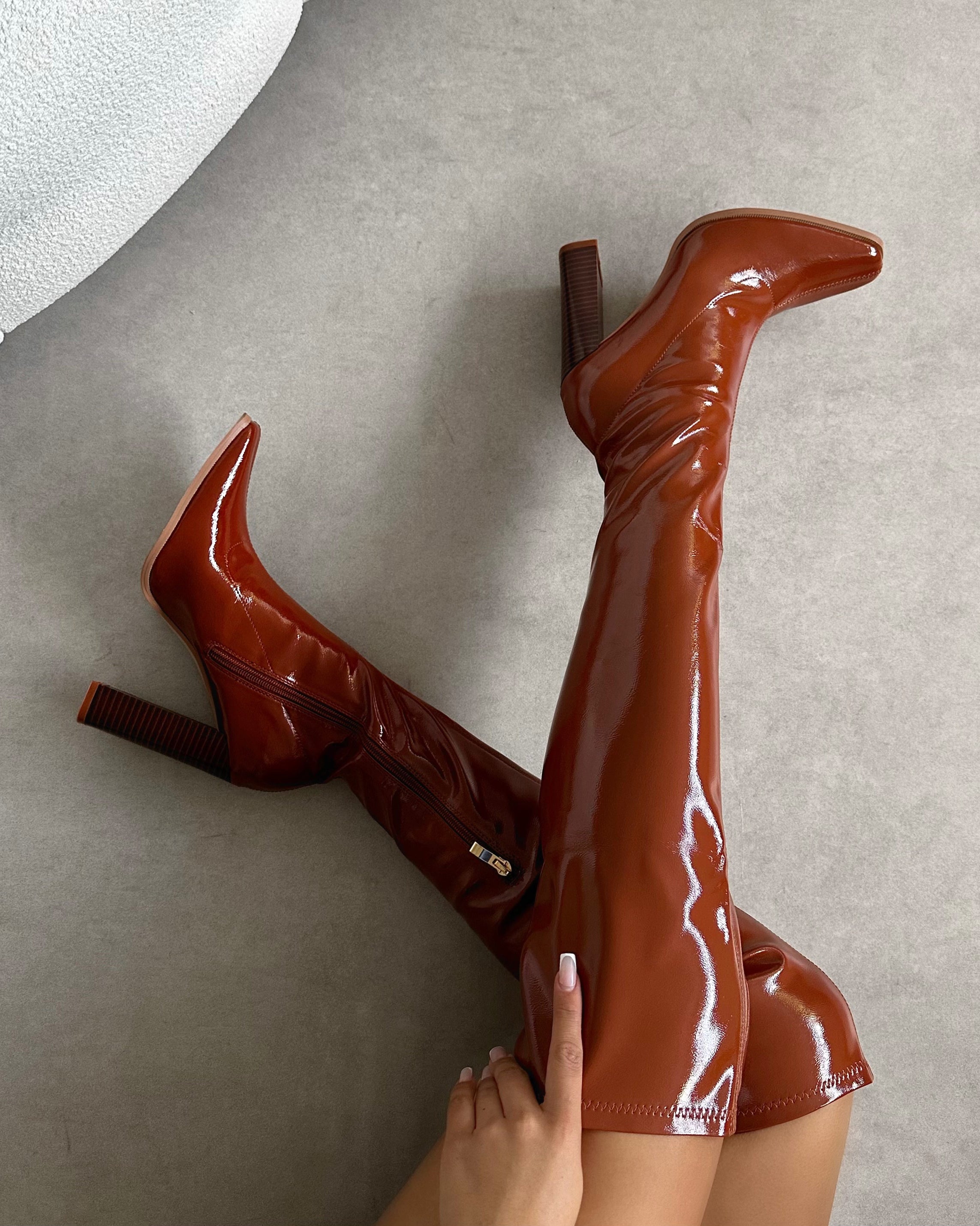 Ron Tan Stretch Patent Block Heel Knee Boots