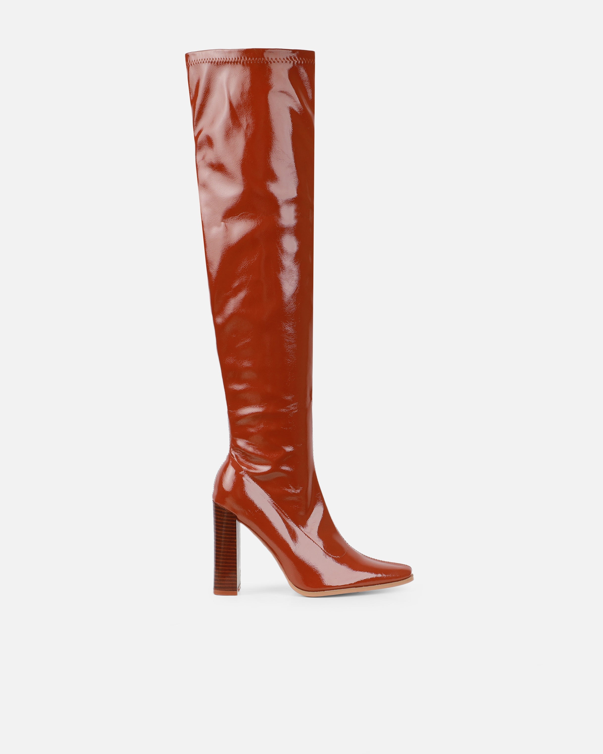 Ron Tan Stretch Patent Block Heel Knee Boots