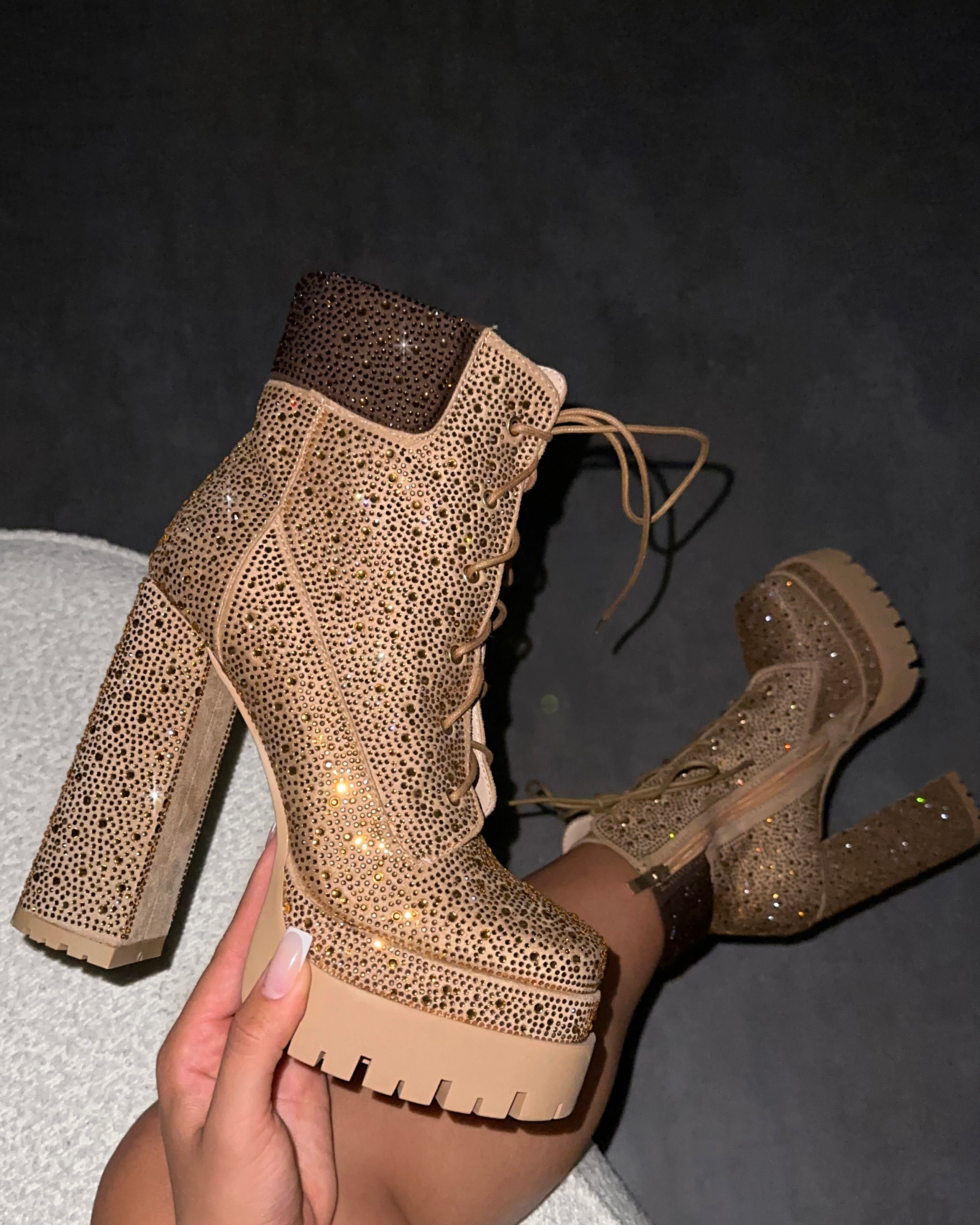 Reigan Beige Diamante Platform Lace Up Boots