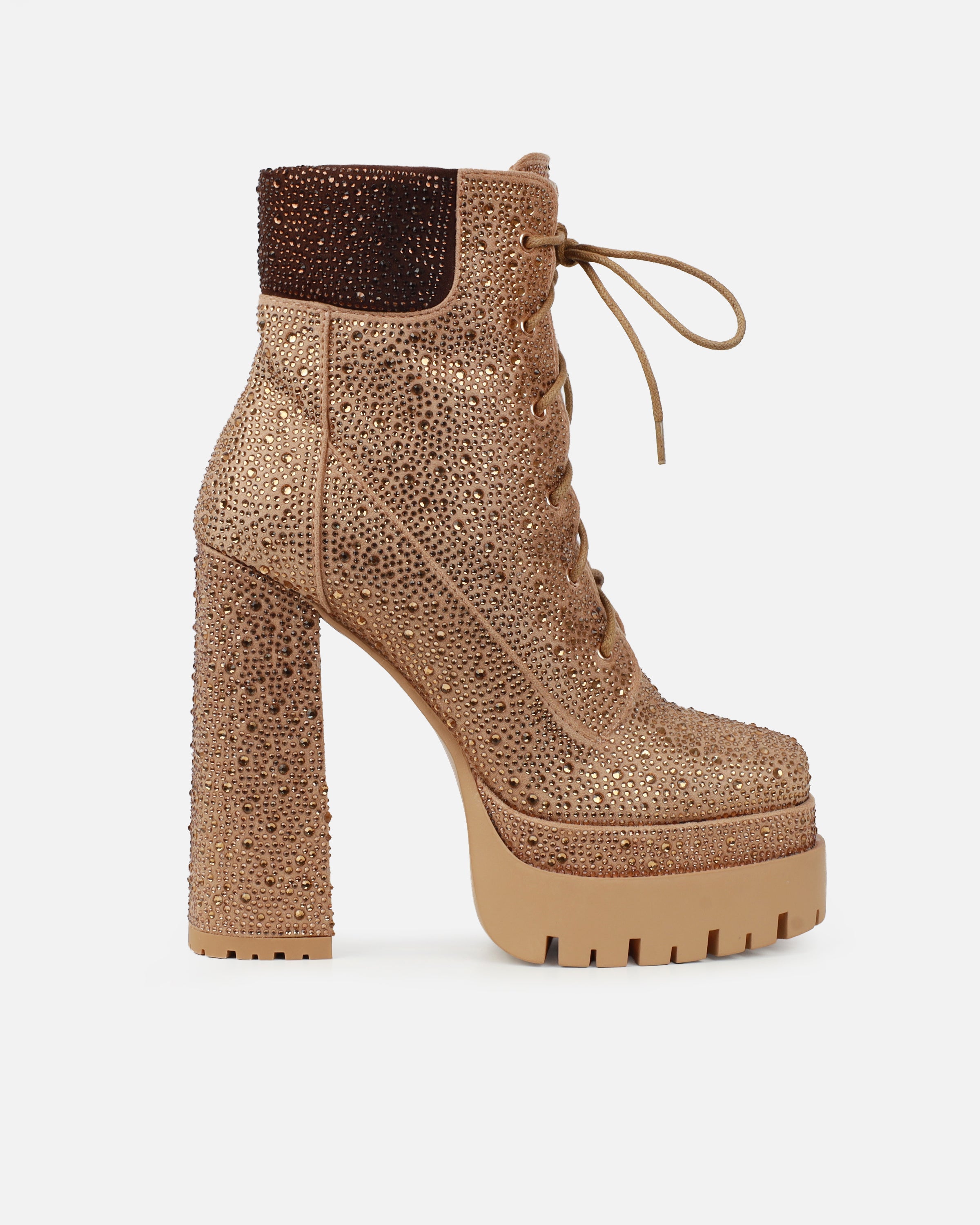 Reigan Beige Diamante Platform Lace Up Boots