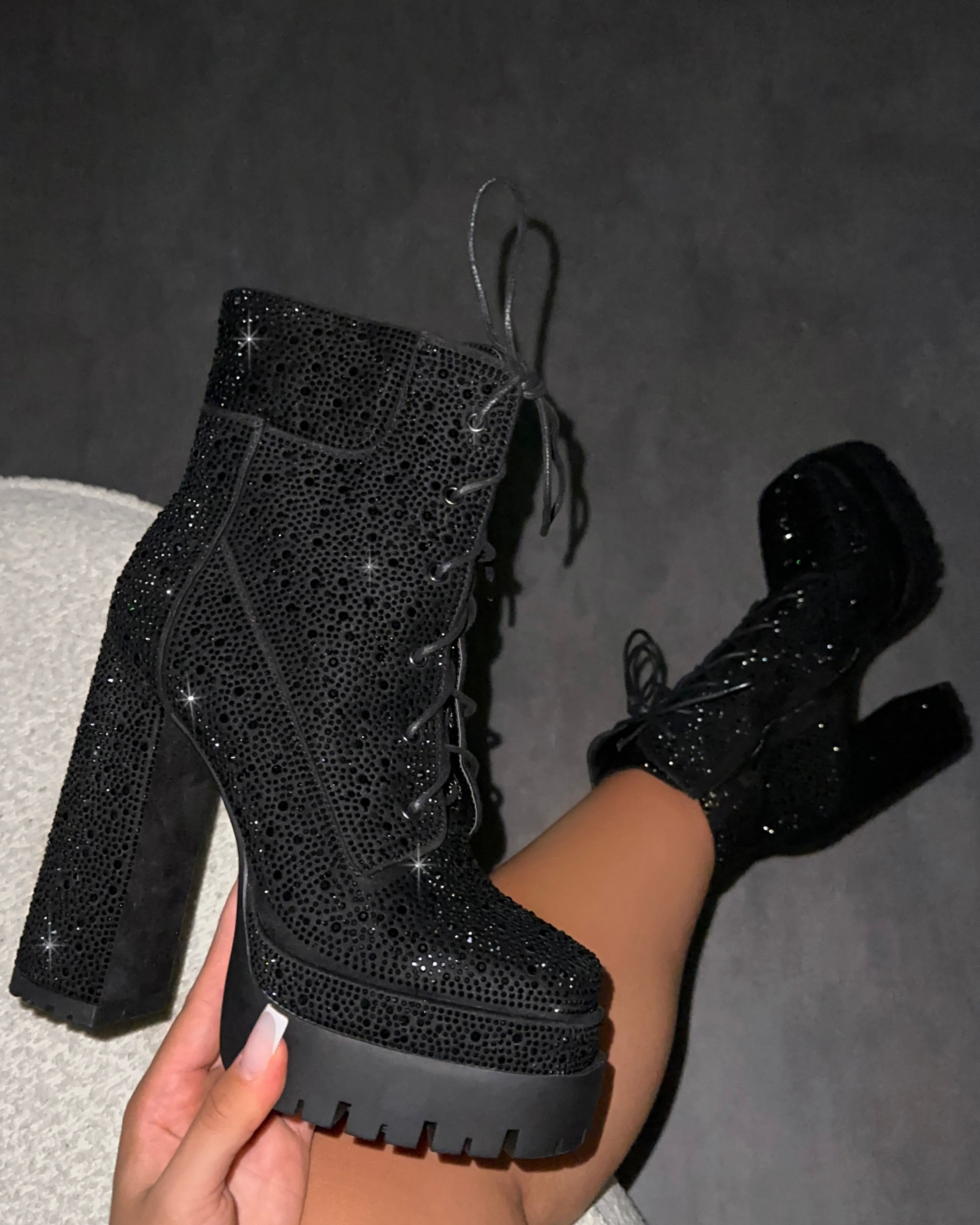 Reigan Black Diamante Platform Lace Up Boots