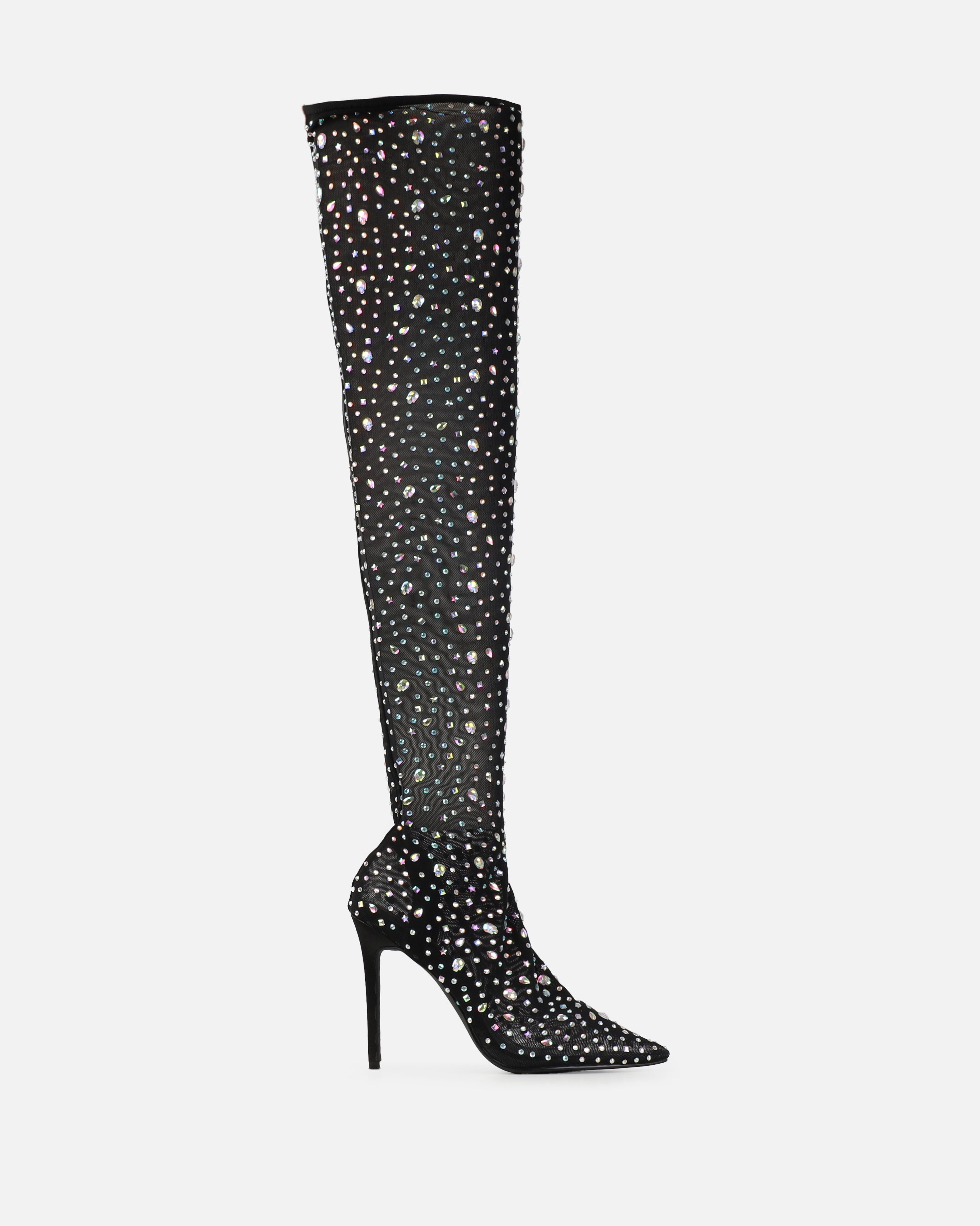 Mary Bedford Sparko Black Mesh Diamante Thigh High Boots